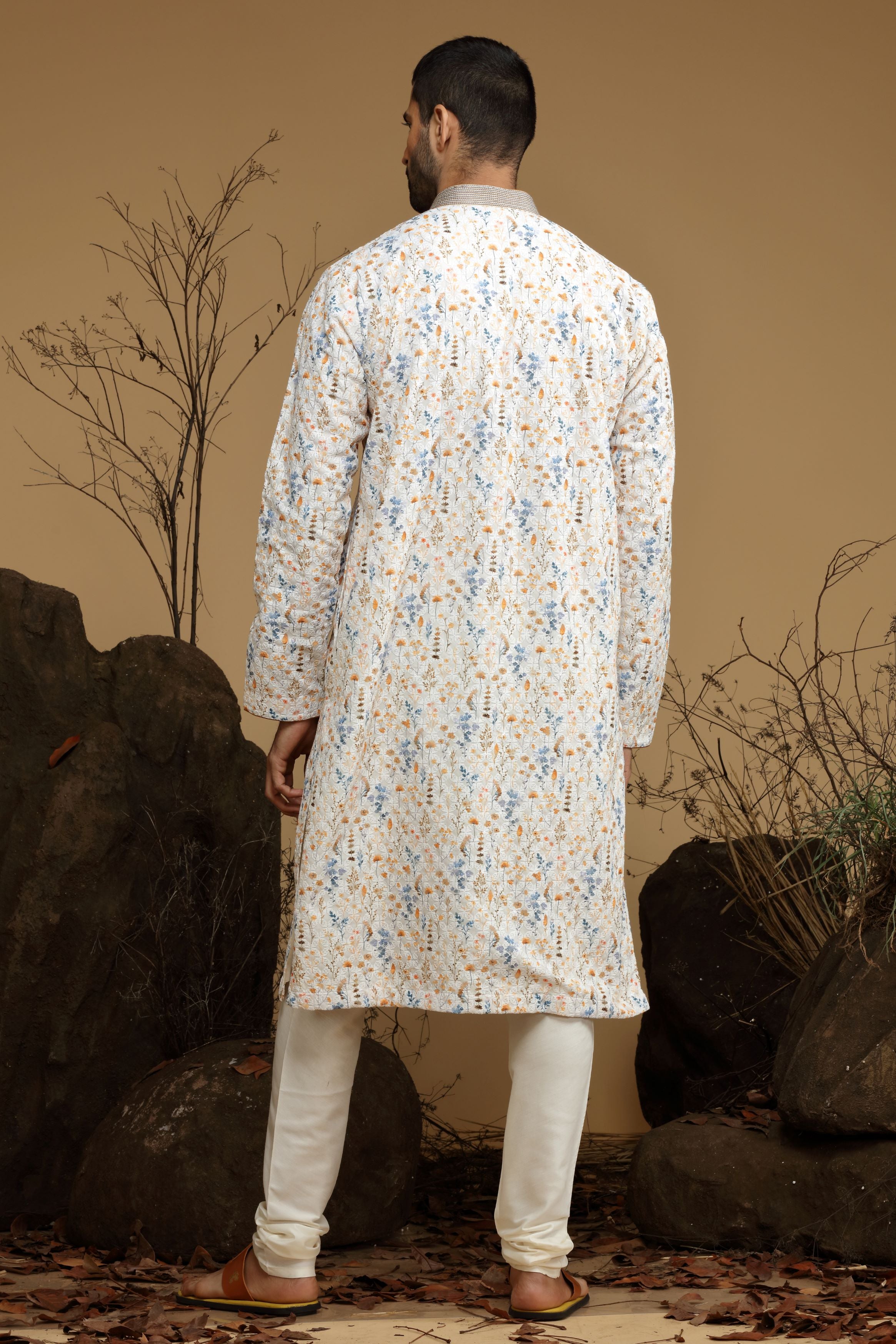 White Floral Yellow Printed Cotton Kurta Set Designed by Kora (Nilesh Mitesh)