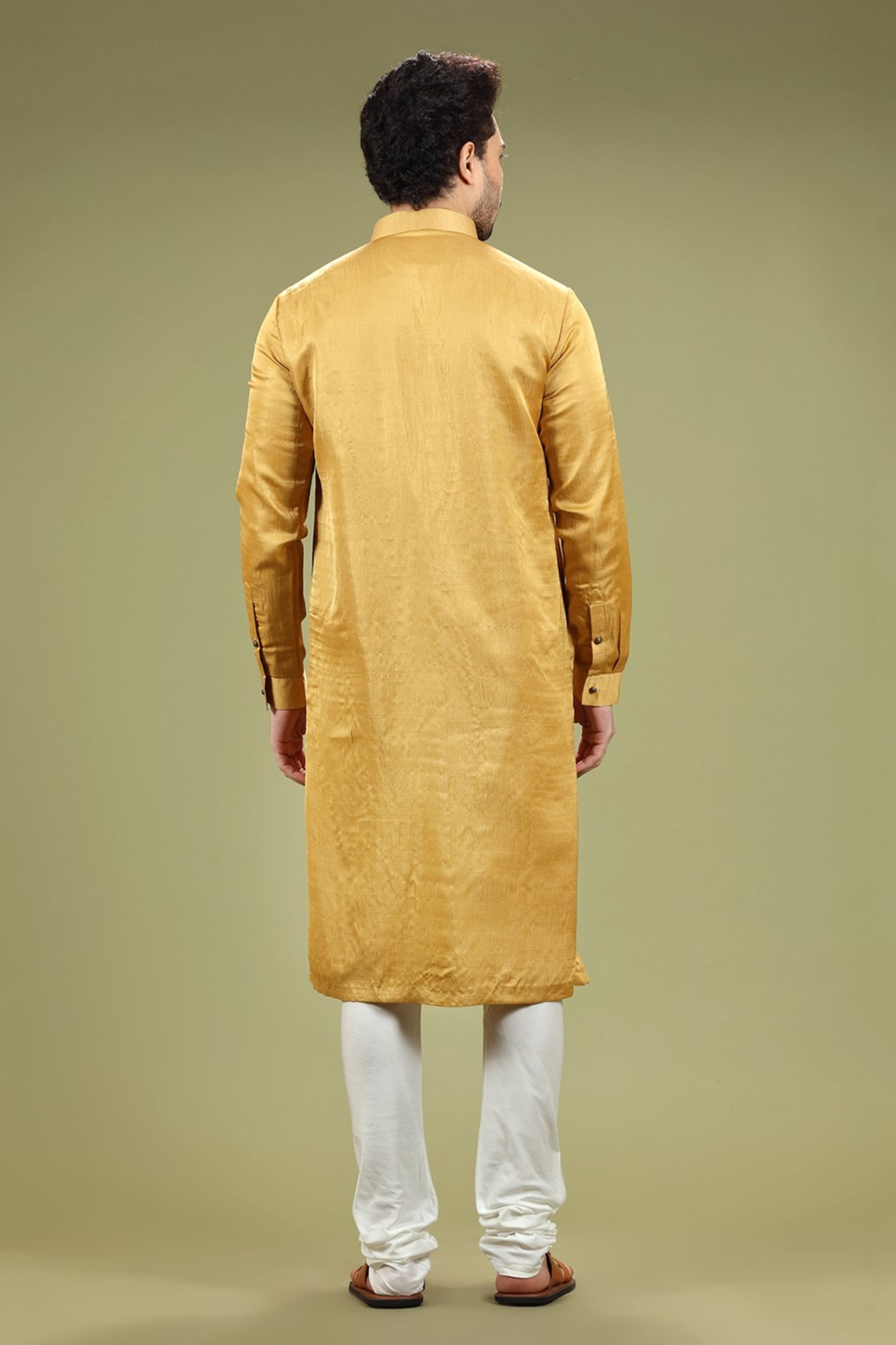 Bright Mustard Solid Linen Kurta Set Designed by Kora (Nilesh Mitesh)