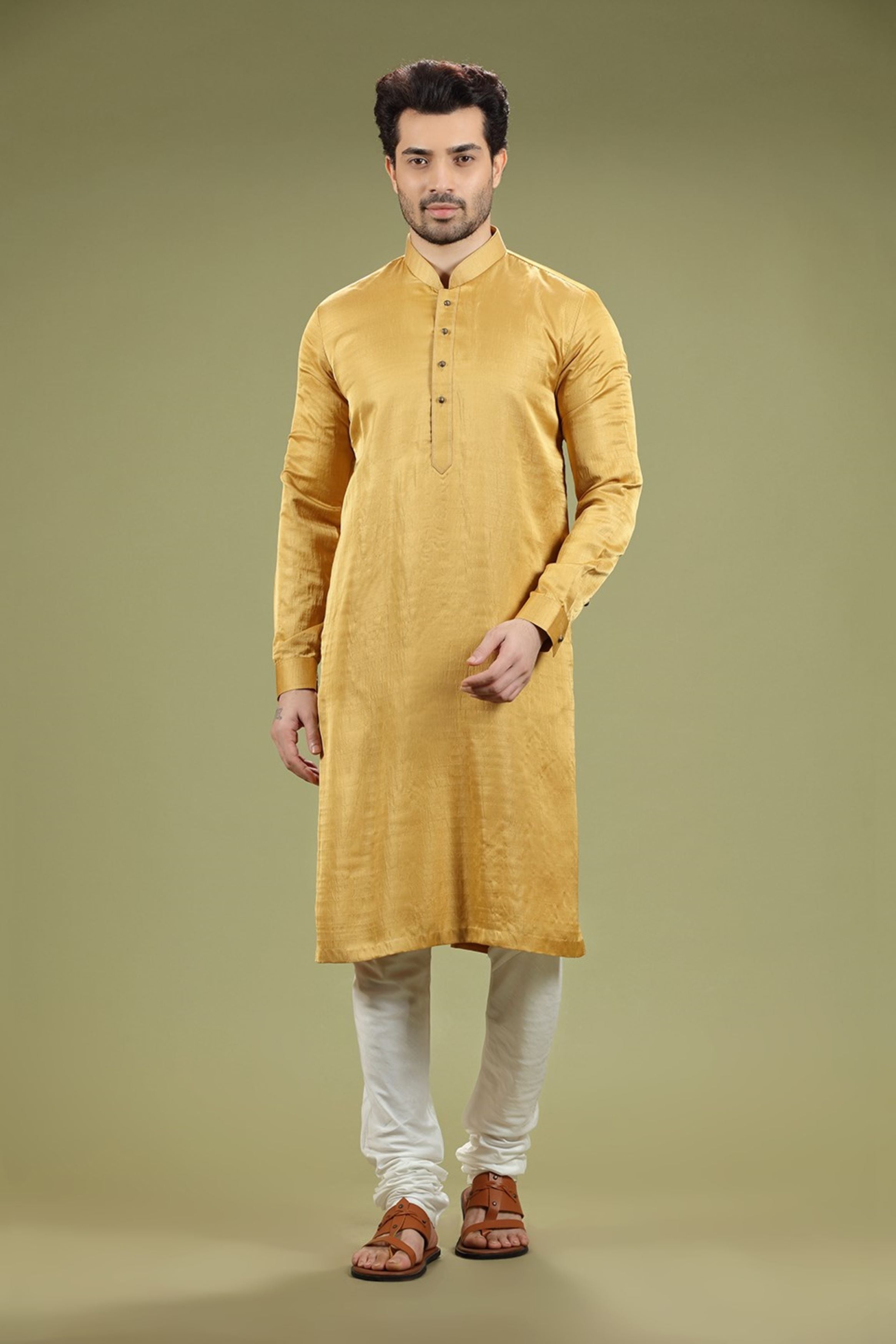 Bright Mustard Solid Linen Kurta Set Designed by Kora (Nilesh Mitesh)