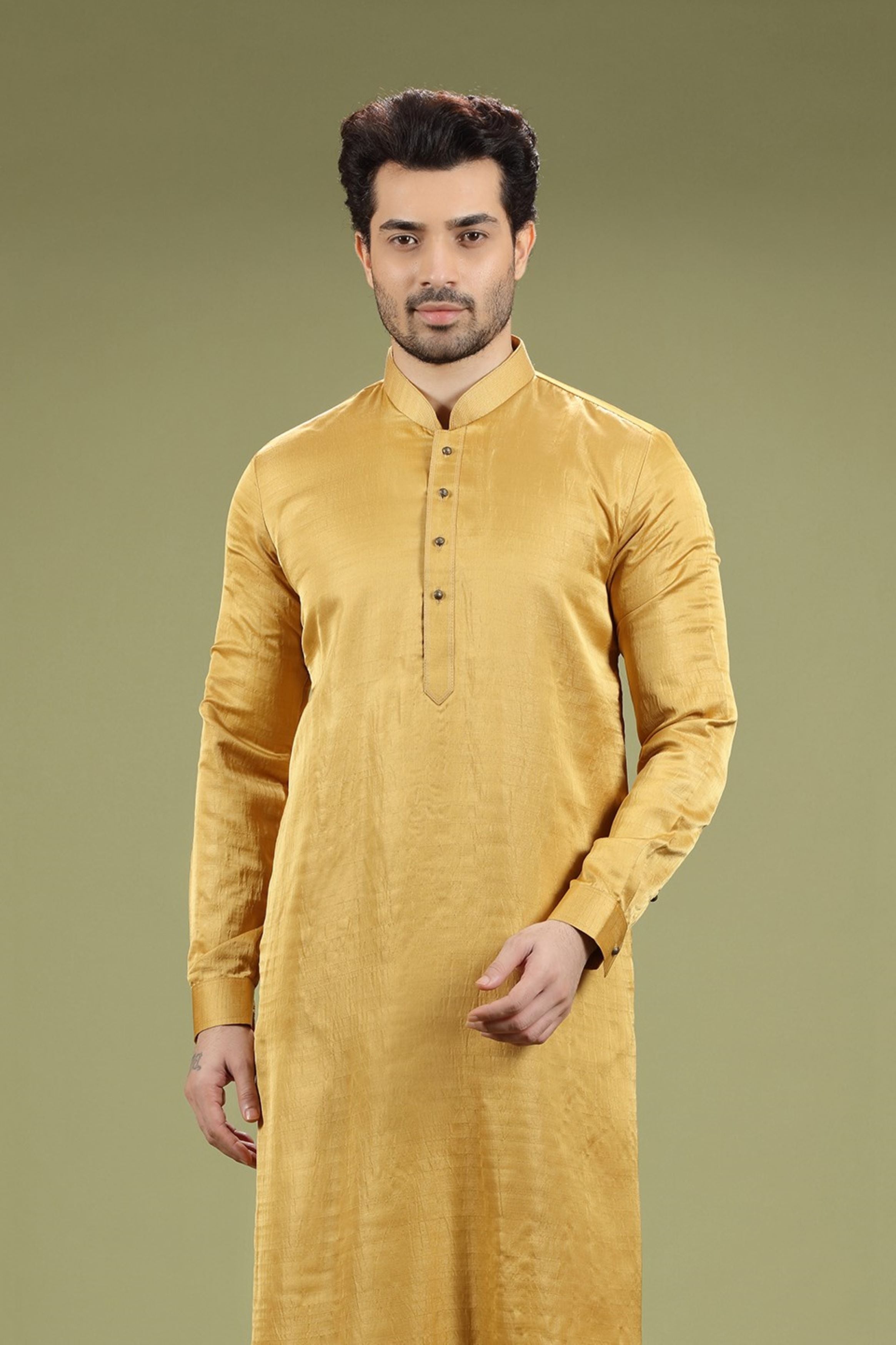 Bright Mustard Solid Linen Kurta Set Designed by Kora (Nilesh Mitesh)