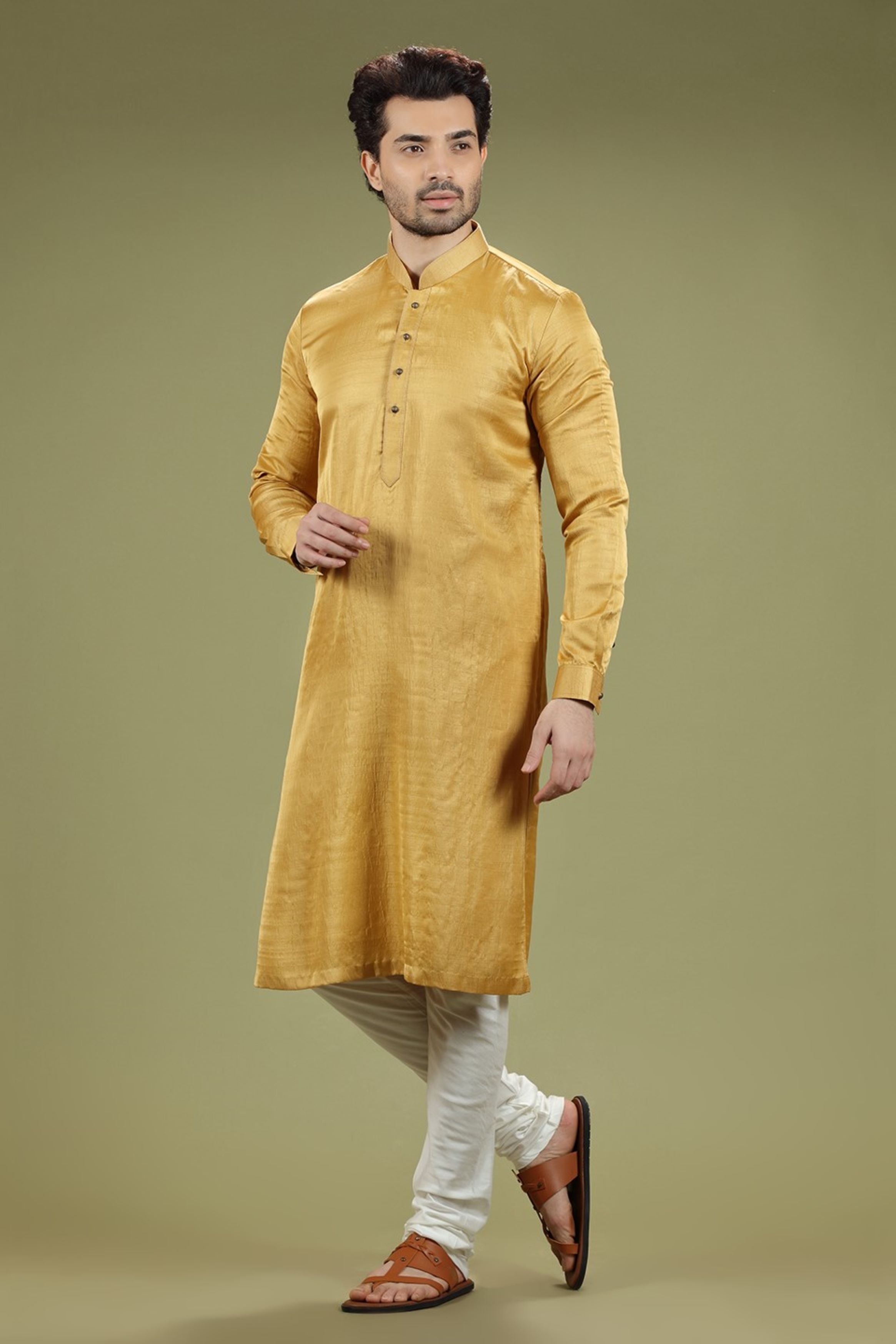 Bright Mustard Solid Linen Kurta Set Designed by Kora (Nilesh Mitesh)