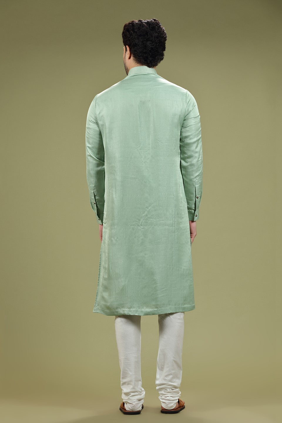 Mint Green Solid Silk Kurta Set Designed by Kora (Nilesh Mitesh)