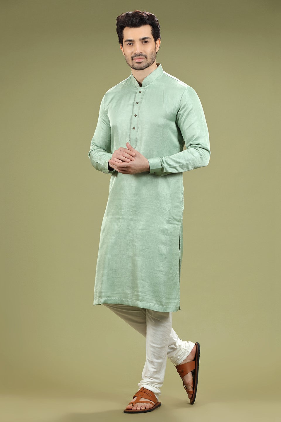 Mint Green Solid Silk Kurta Set Designed by Kora (Nilesh Mitesh)