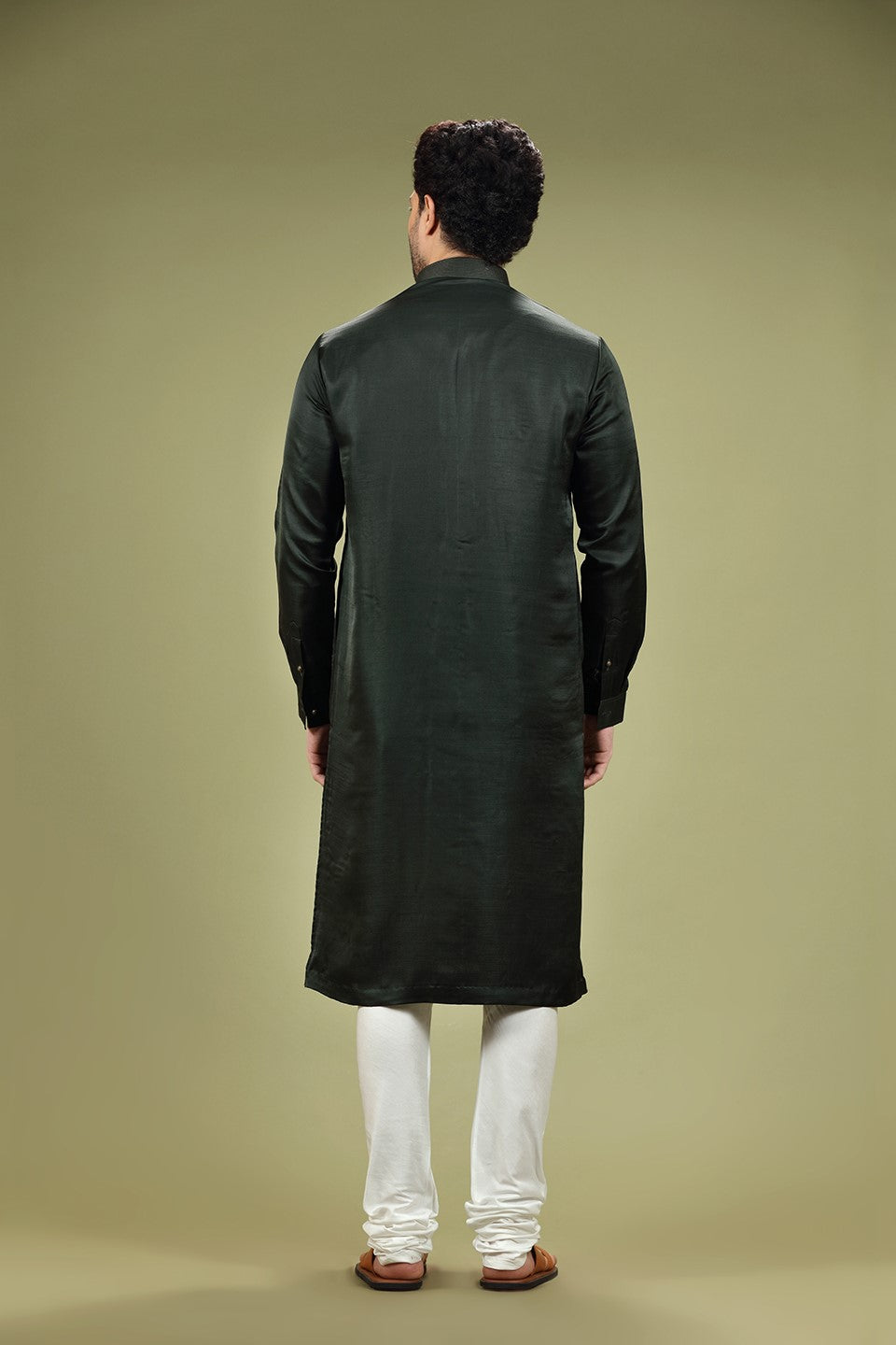 Deep Green Solid Silk Kurta Set Designed by Kora (Nilesh Mitesh)