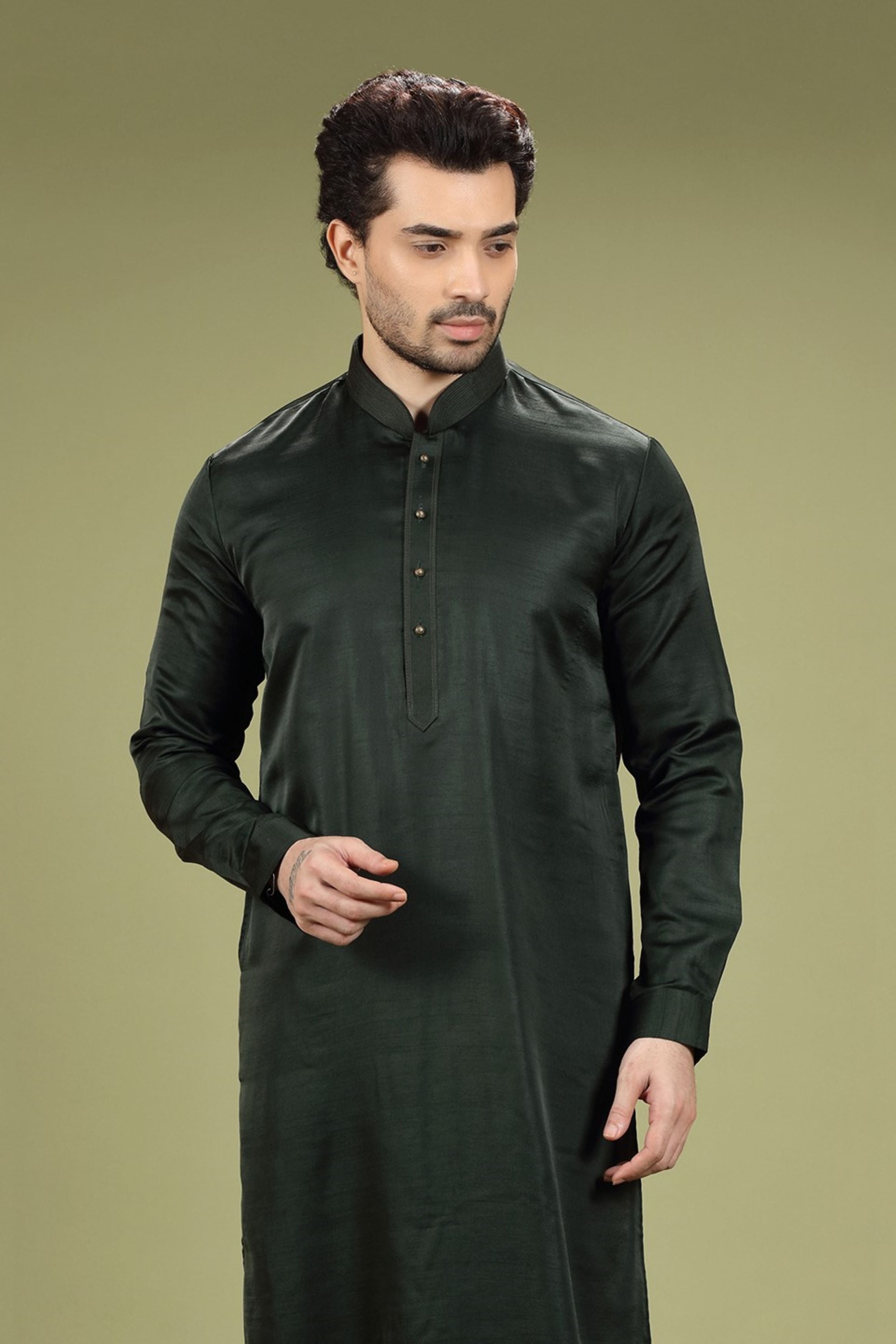 Bottle Green Solid Linen Kurta Set Designed by Kora (Nilesh Mitesh)