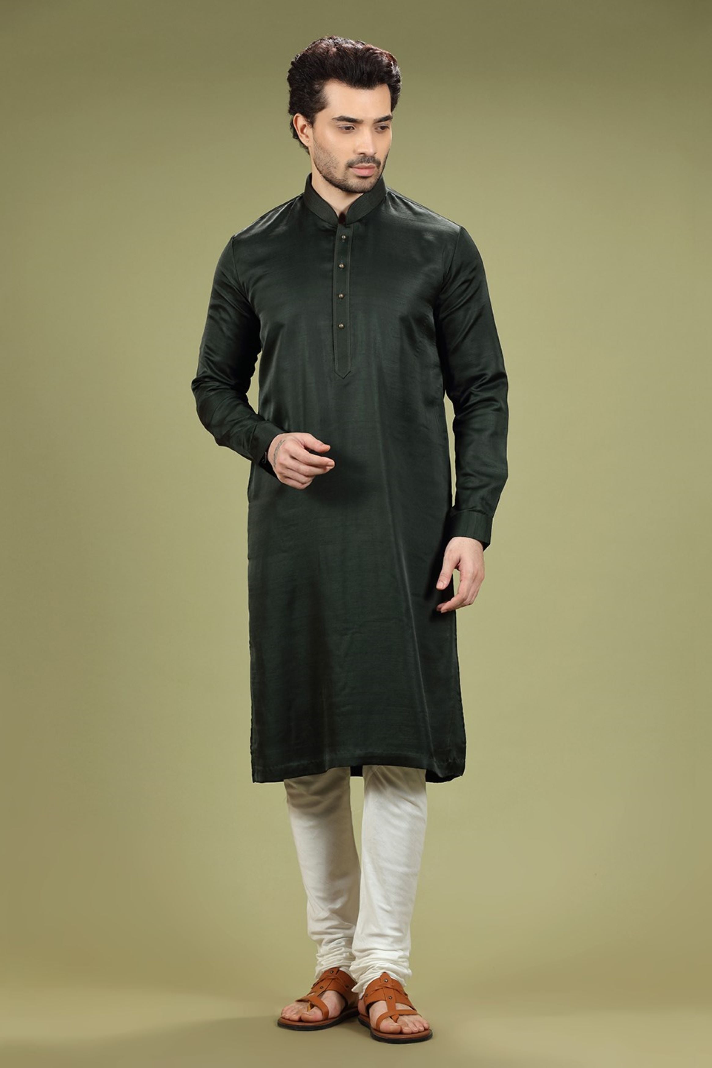 Bottle Green Solid Linen Kurta Set Designed by Kora (Nilesh Mitesh)