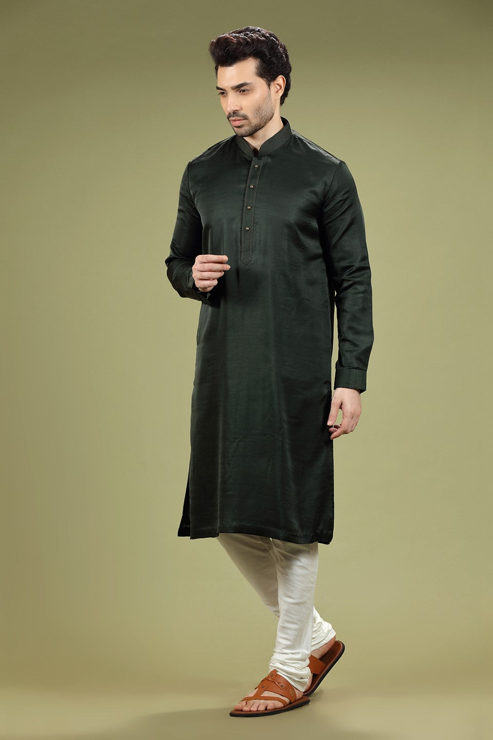 Deep Green Solid Silk Kurta Set Designed by Kora (Nilesh Mitesh)