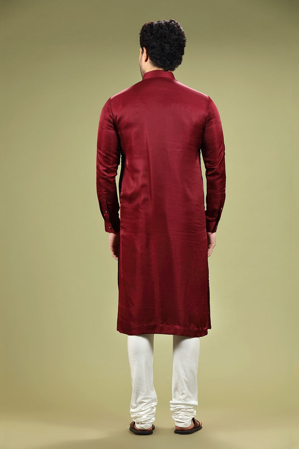 Wine Solid Silk Kurta Set Designed by Kora (Nilesh Mitesh)