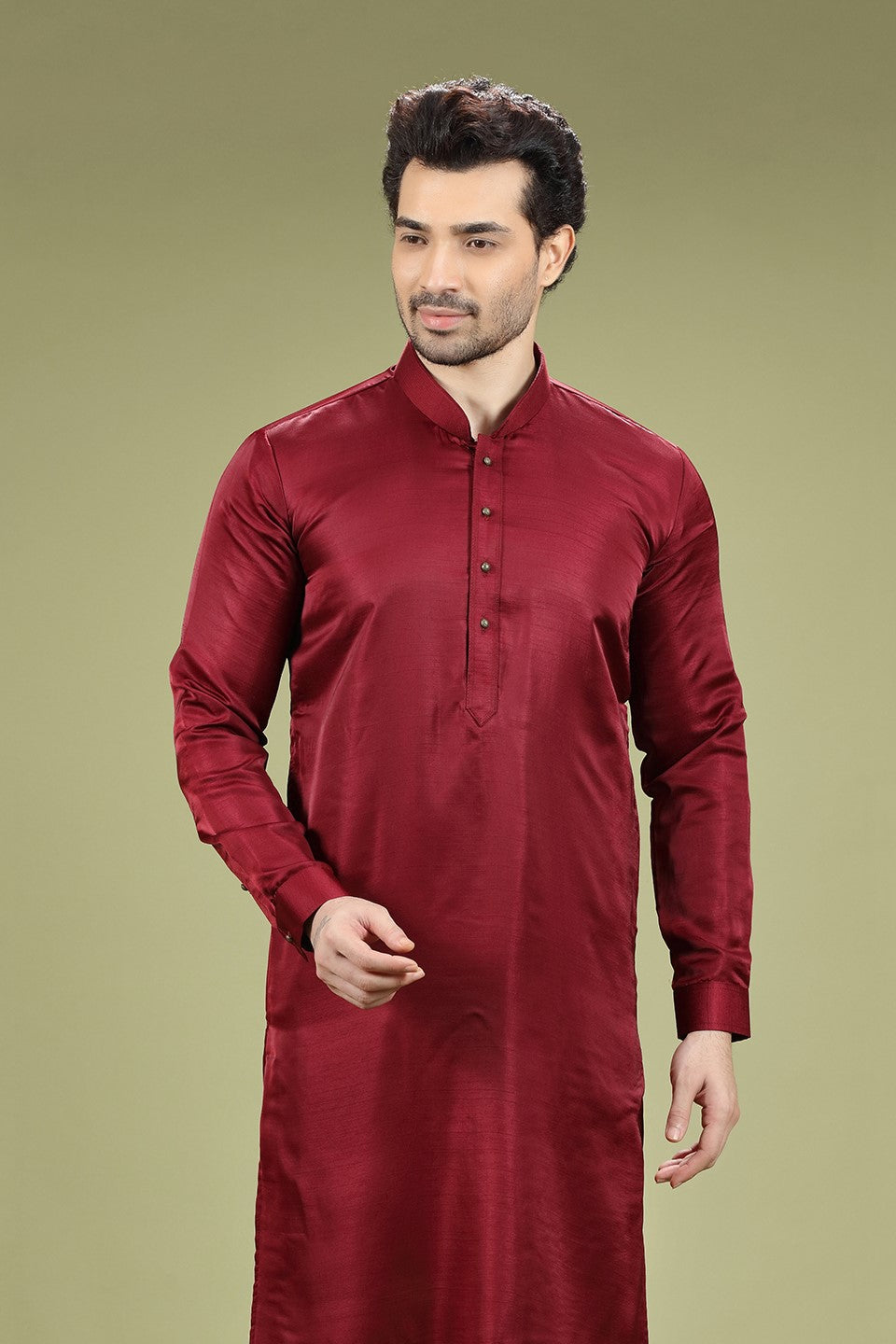 Wine Solid Silk Kurta Set Designed by Kora (Nilesh Mitesh)