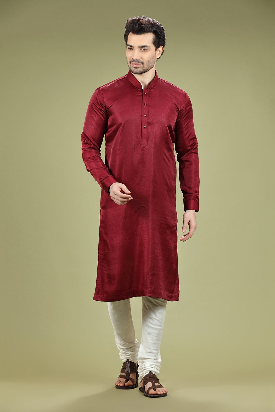 Wine Solid Silk Kurta Set Designed by Kora (Nilesh Mitesh)