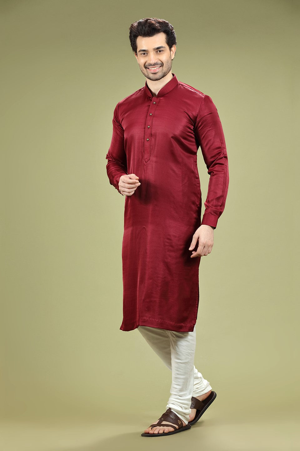 Wine Solid Silk Kurta Set Designed by Kora (Nilesh Mitesh)