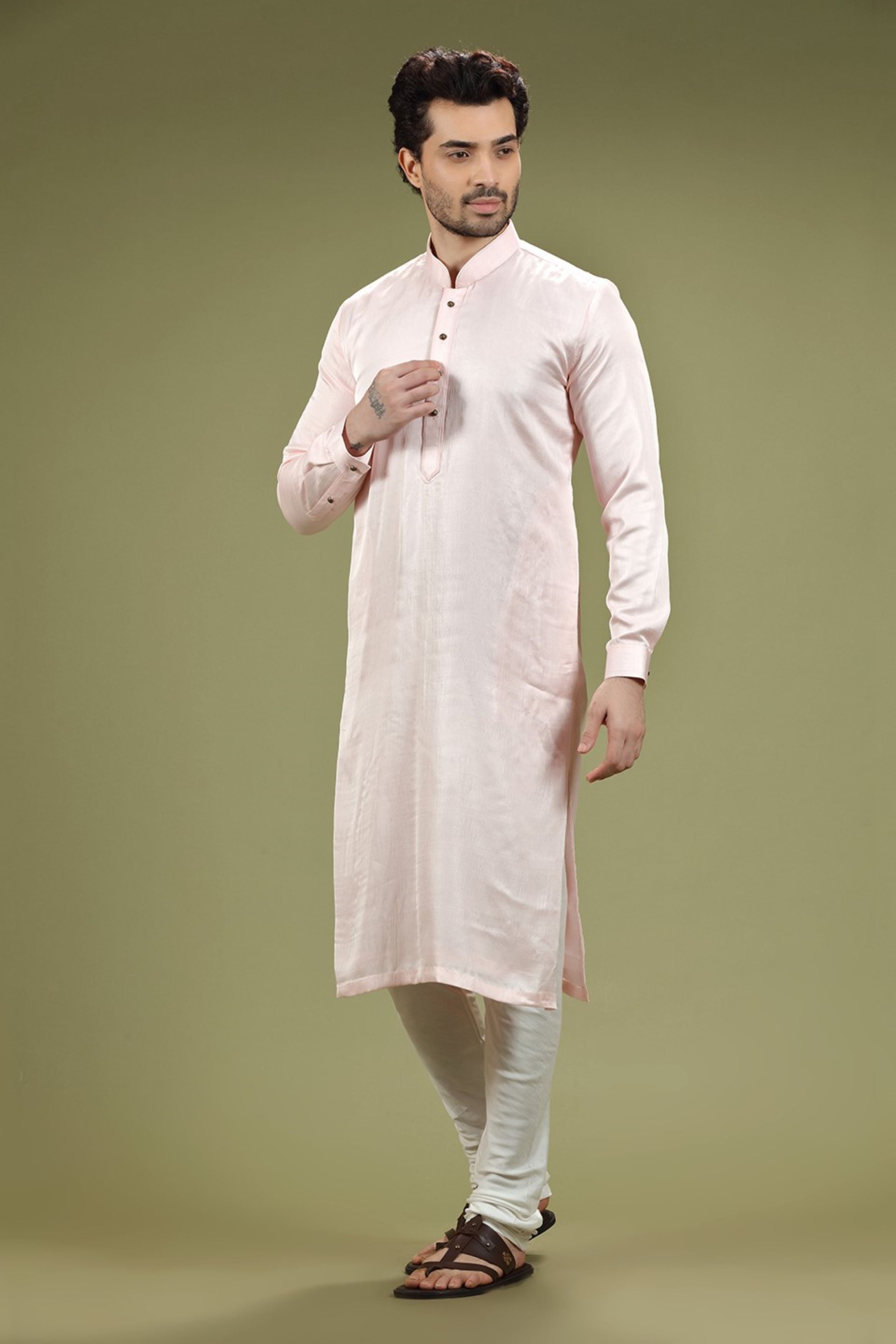 Bright Pink Solid Linen Kurta Set Designed by Kora (Nilesh Mitesh)