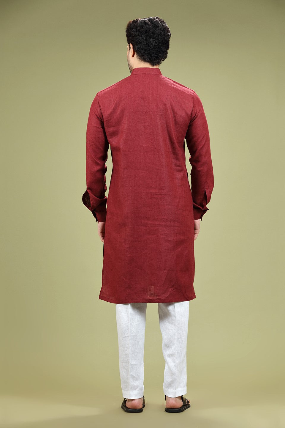 Red Solid Linen Kurta Set Designed by Kora (Nilesh Mitesh)