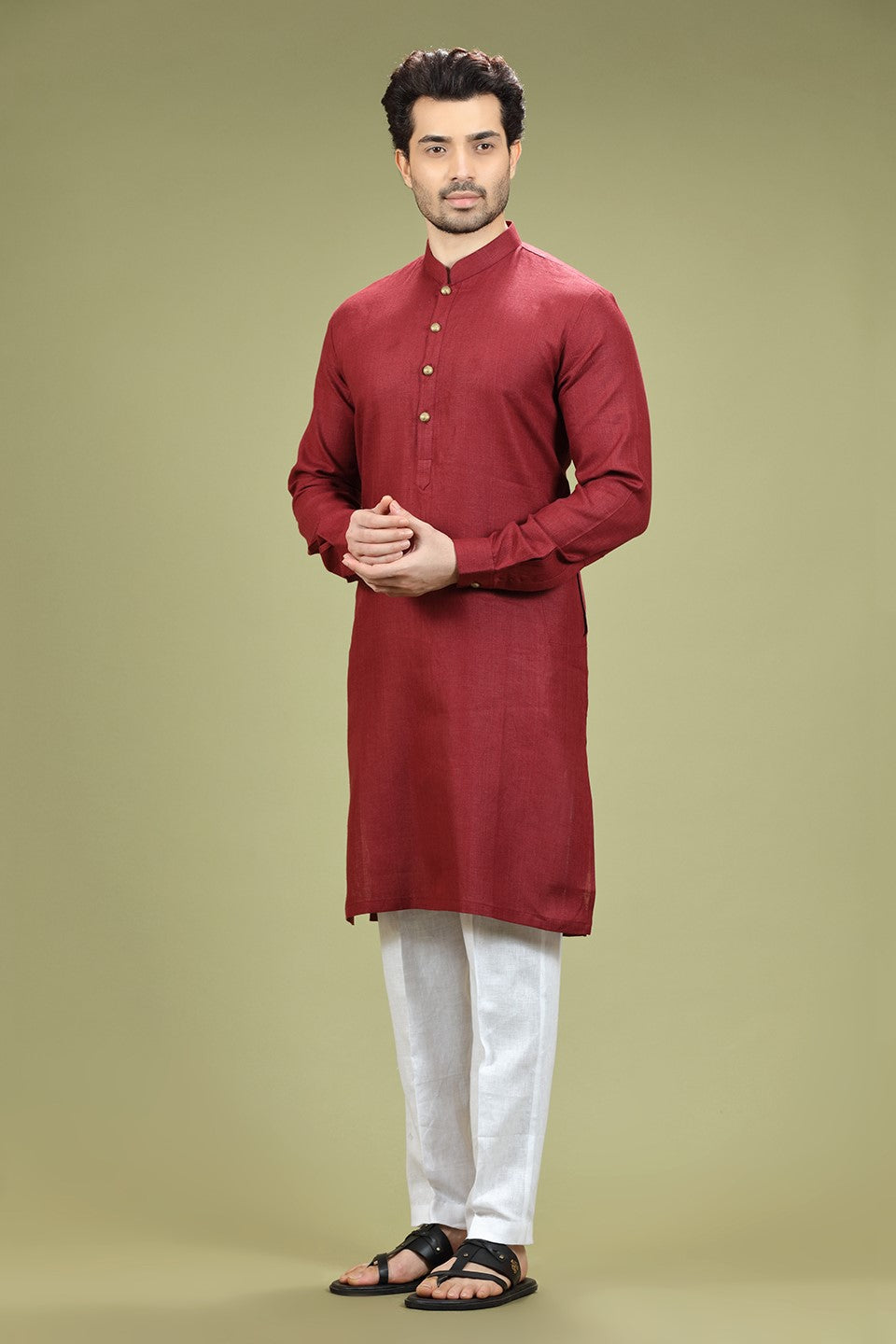 Red Solid Linen Kurta Set Designed by Kora (Nilesh Mitesh)