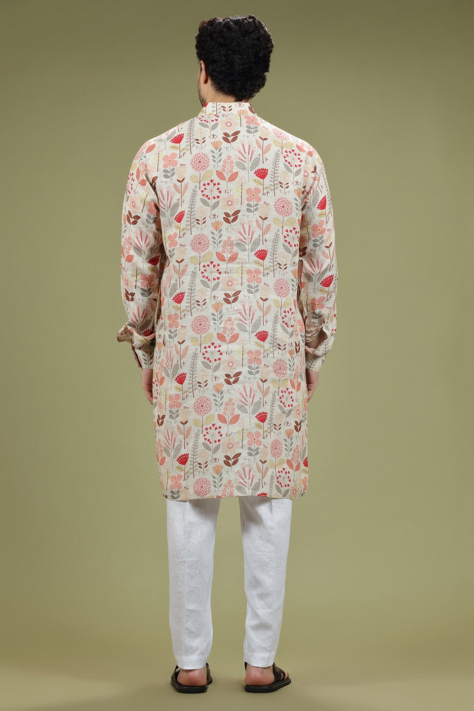 Beige Floral Printed Linen Kurta Set Designed by Kora (Nilesh Mitesh)