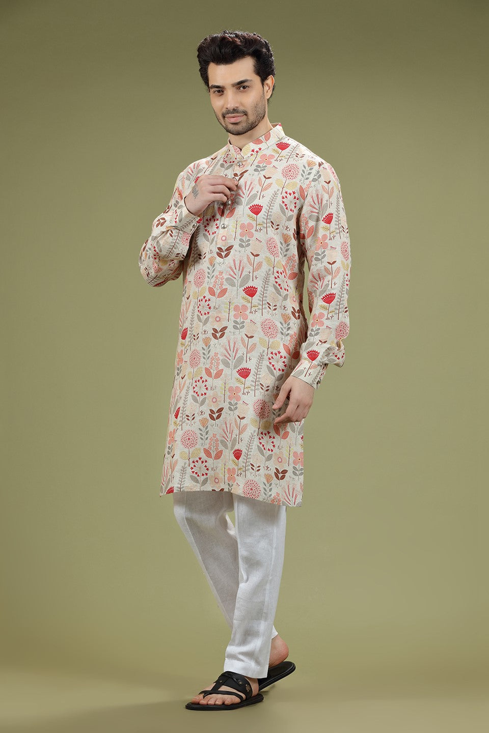 Beige Floral Printed Linen Kurta Set Designed by Kora (Nilesh Mitesh)