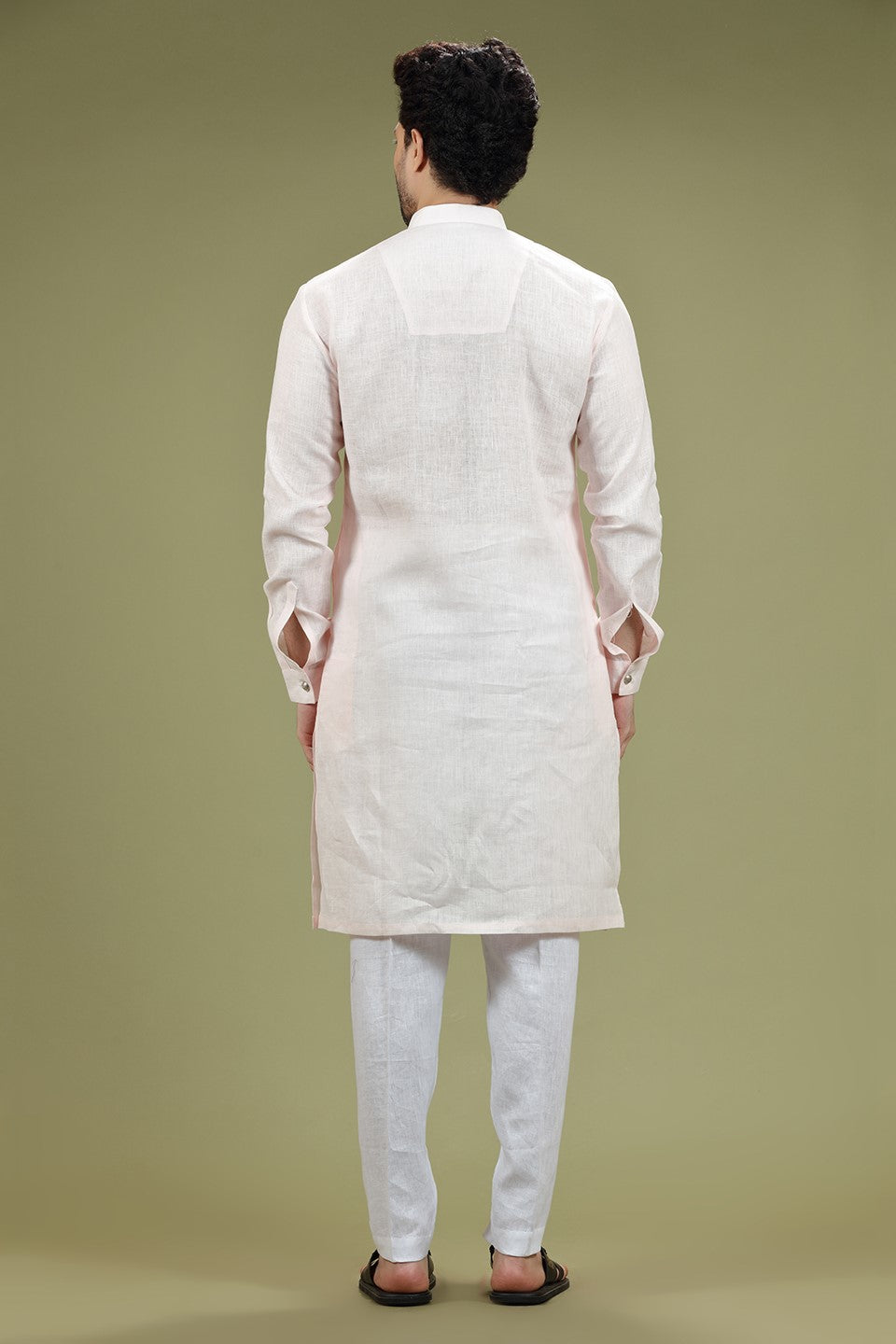 Pastel Pink Solid Linen Kurta Set Designed by Kora (Nilesh Mitesh)