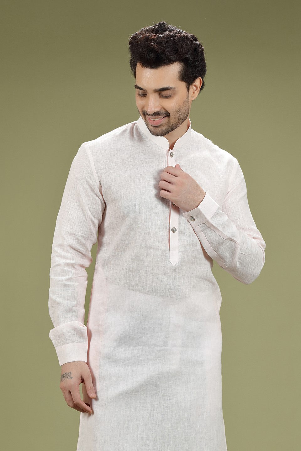 Pastel Pink Solid Linen Kurta Set Designed by Kora (Nilesh Mitesh)