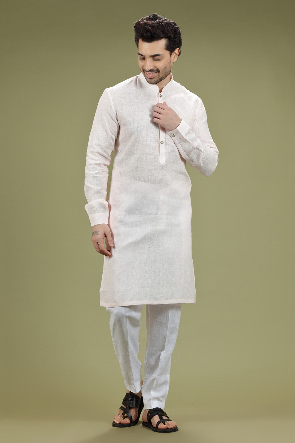 Pastel Pink Solid Linen Kurta Set Designed by Kora (Nilesh Mitesh)