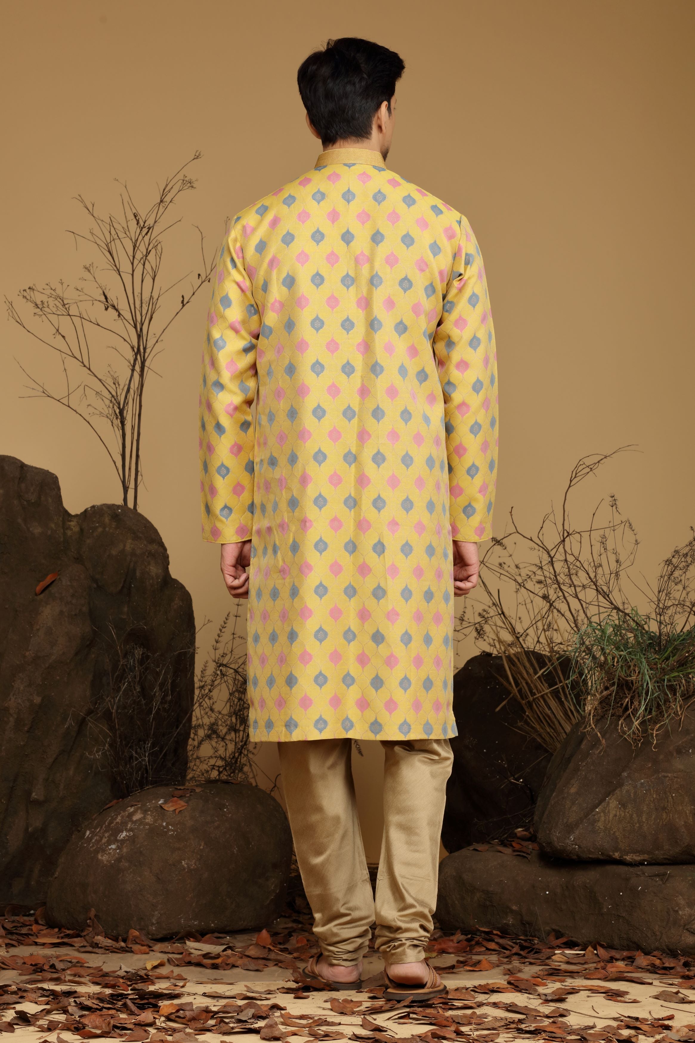 Yellow Printed Silk Kurta Set  Designed by Kora (Nilesh Mitesh)