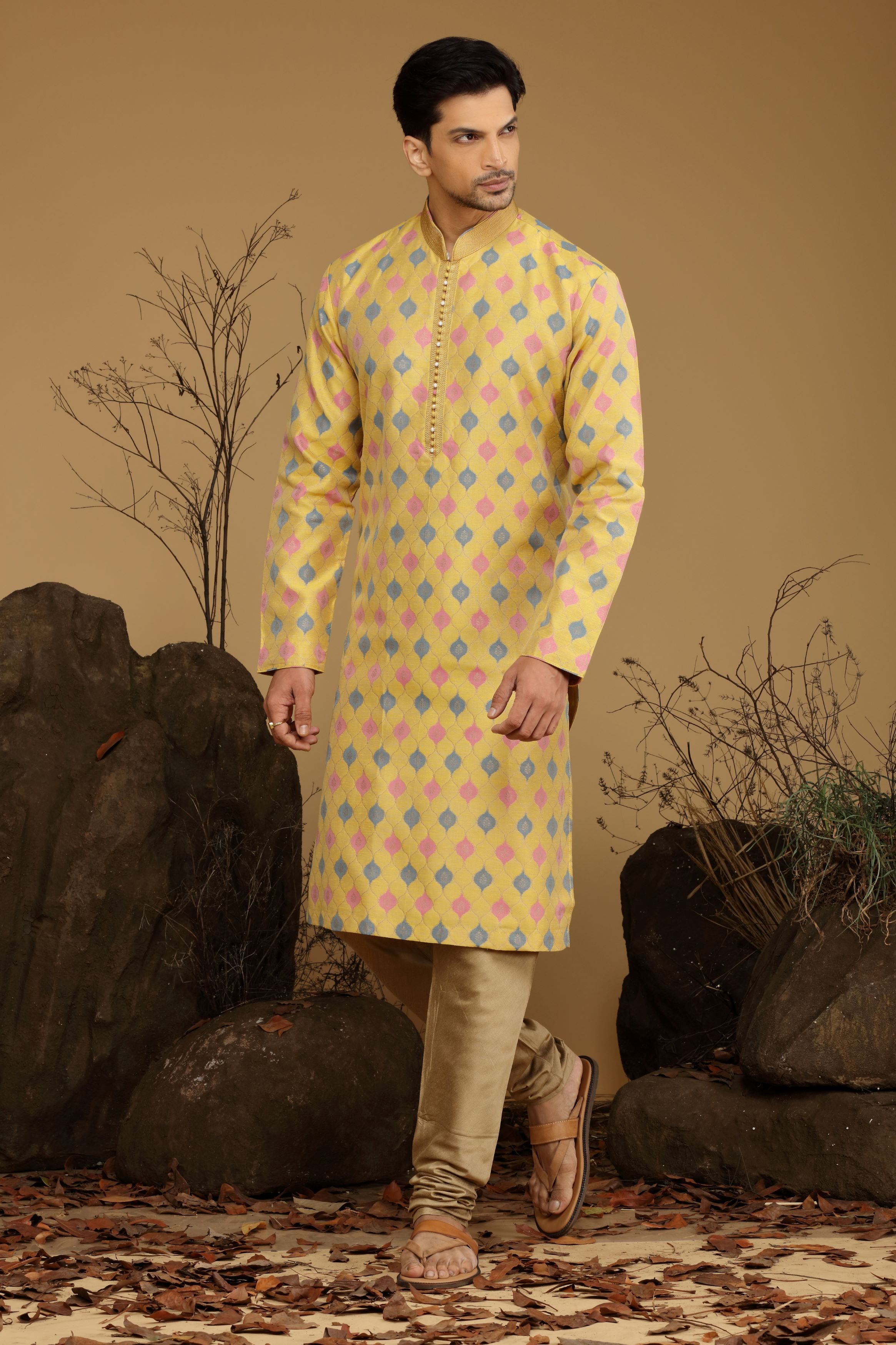 Yellow Printed Silk Kurta Set  Designed by Kora (Nilesh Mitesh)