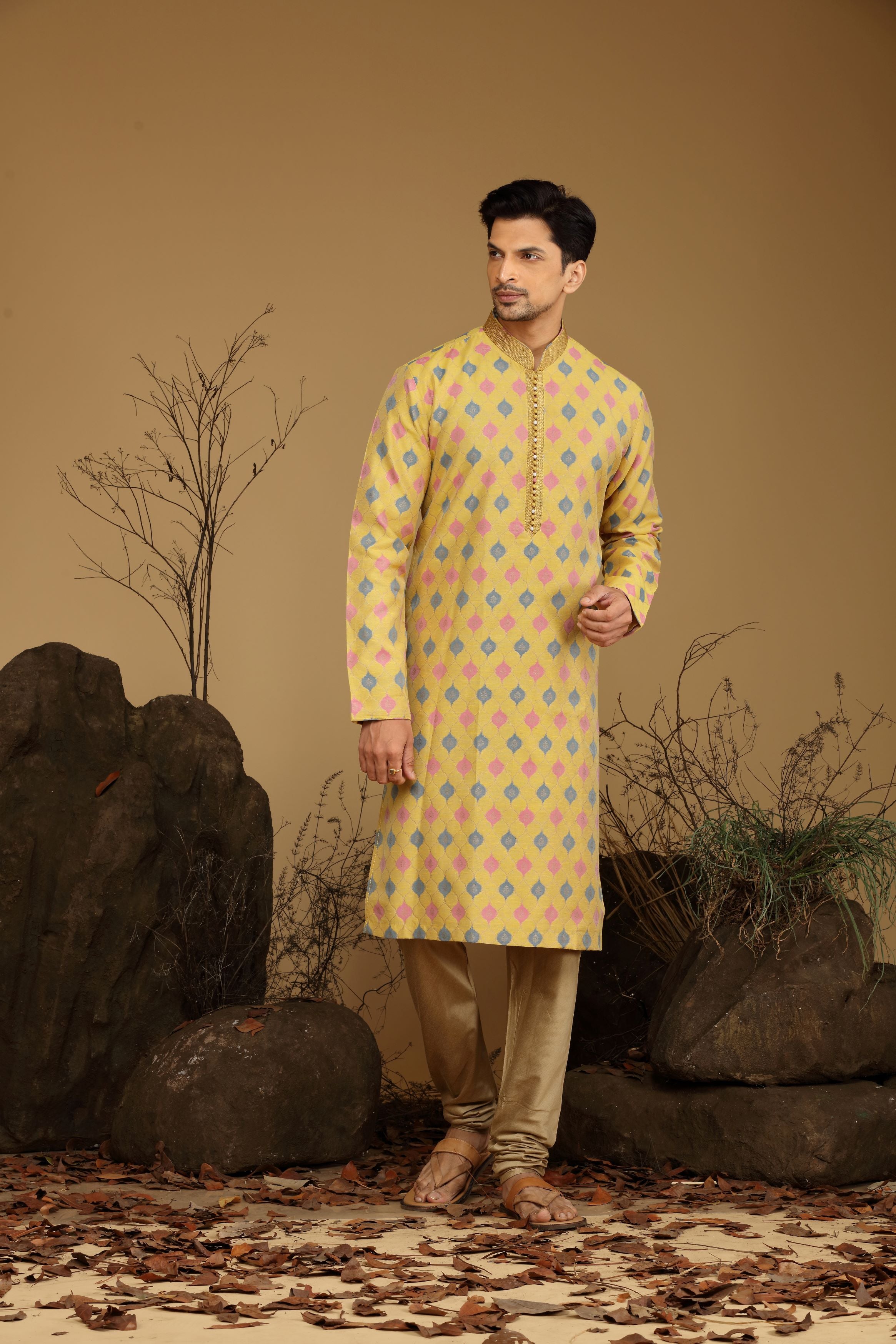 Yellow Printed Silk Kurta Set  Designed by Kora (Nilesh Mitesh)