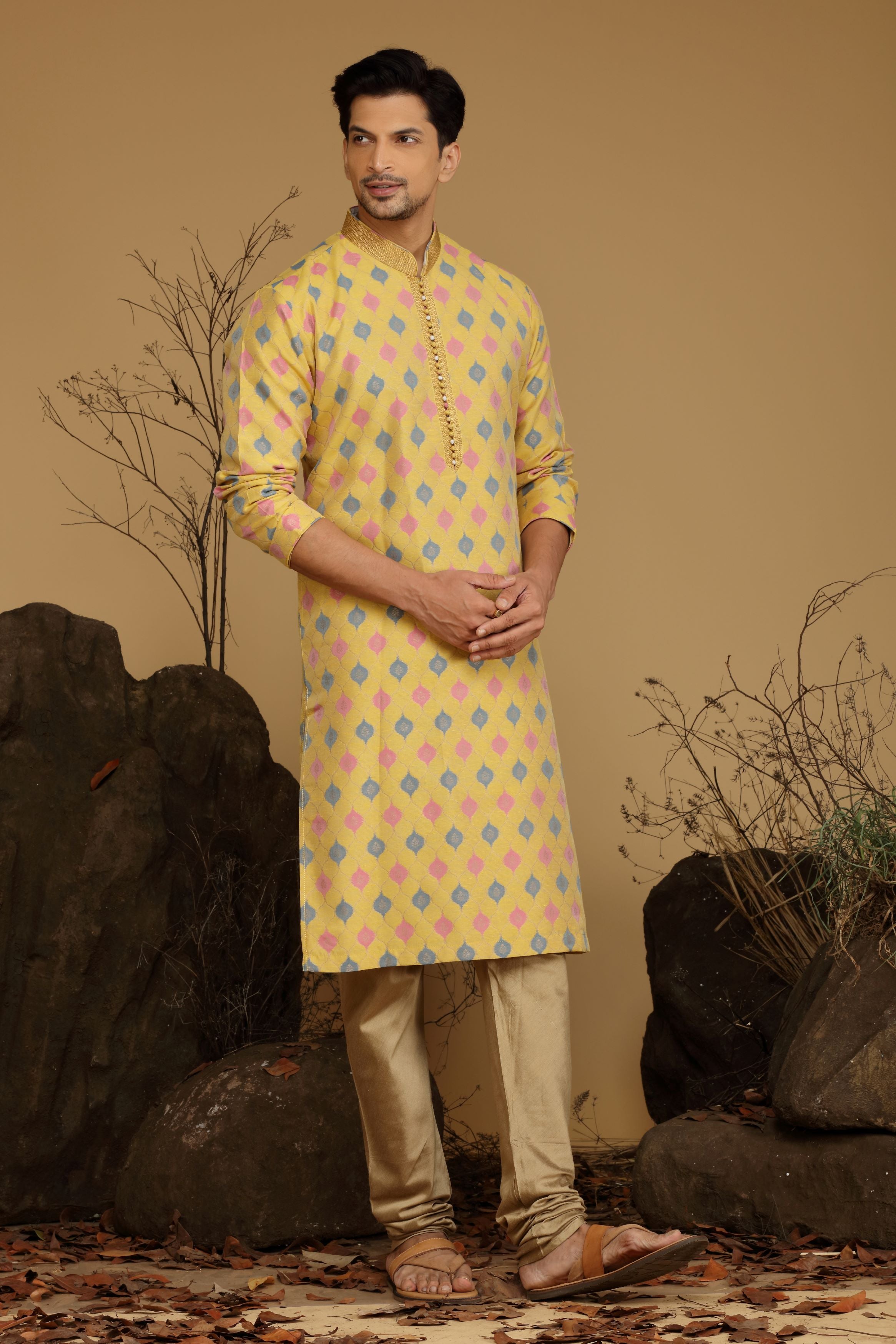 Yellow Printed Silk Kurta Set  Designed by Kora (Nilesh Mitesh)