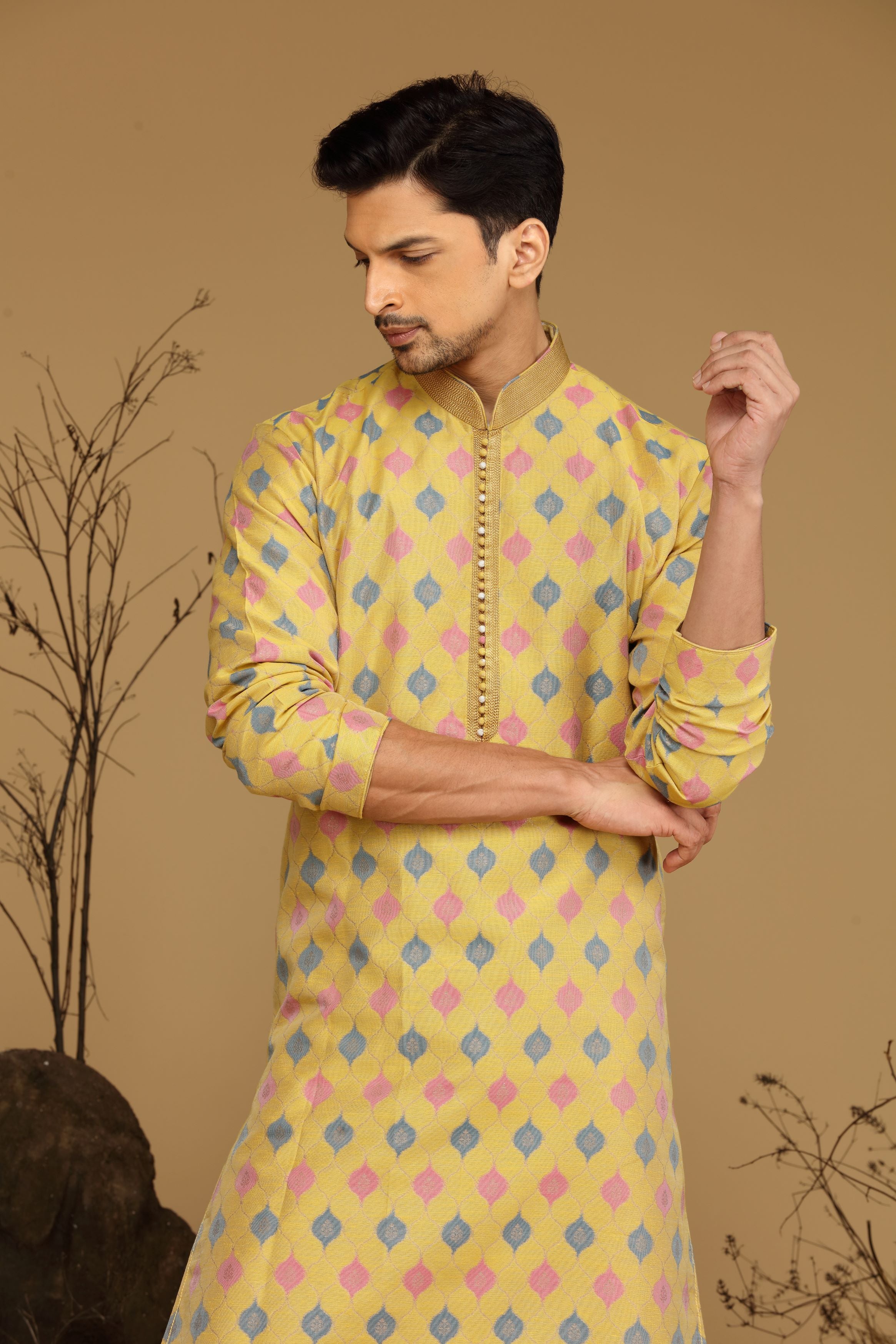 Yellow Printed Silk Kurta Set  Designed by Kora (Nilesh Mitesh)