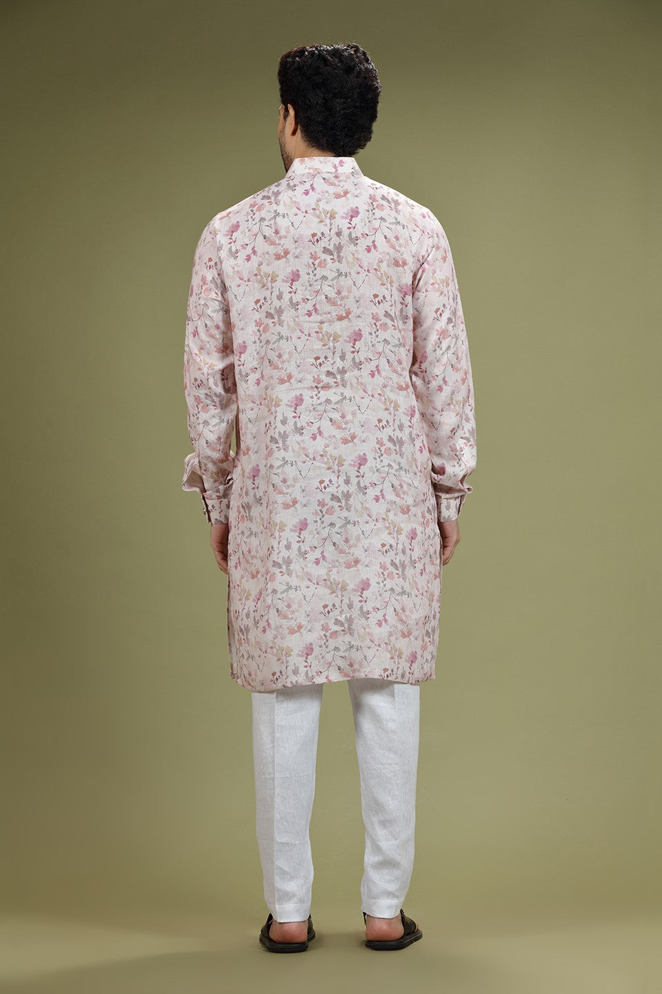 Pink Floral Printed Linen Kurta Set Designed by Kora (Nilesh Mitesh)