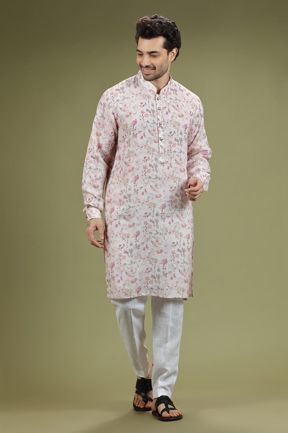 Pink Floral Printed Linen Kurta Set Designed by Kora (Nilesh Mitesh)