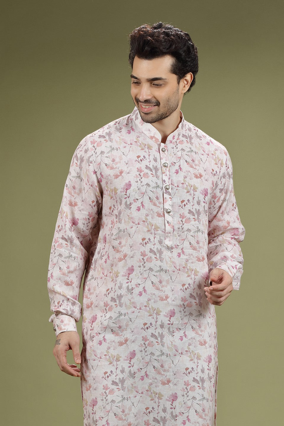 Pink Floral Printed Linen Kurta Set Designed by Kora (Nilesh Mitesh)