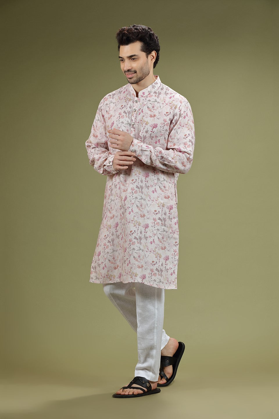 Pink Floral Printed Linen Kurta Set Designed by Kora (Nilesh Mitesh)