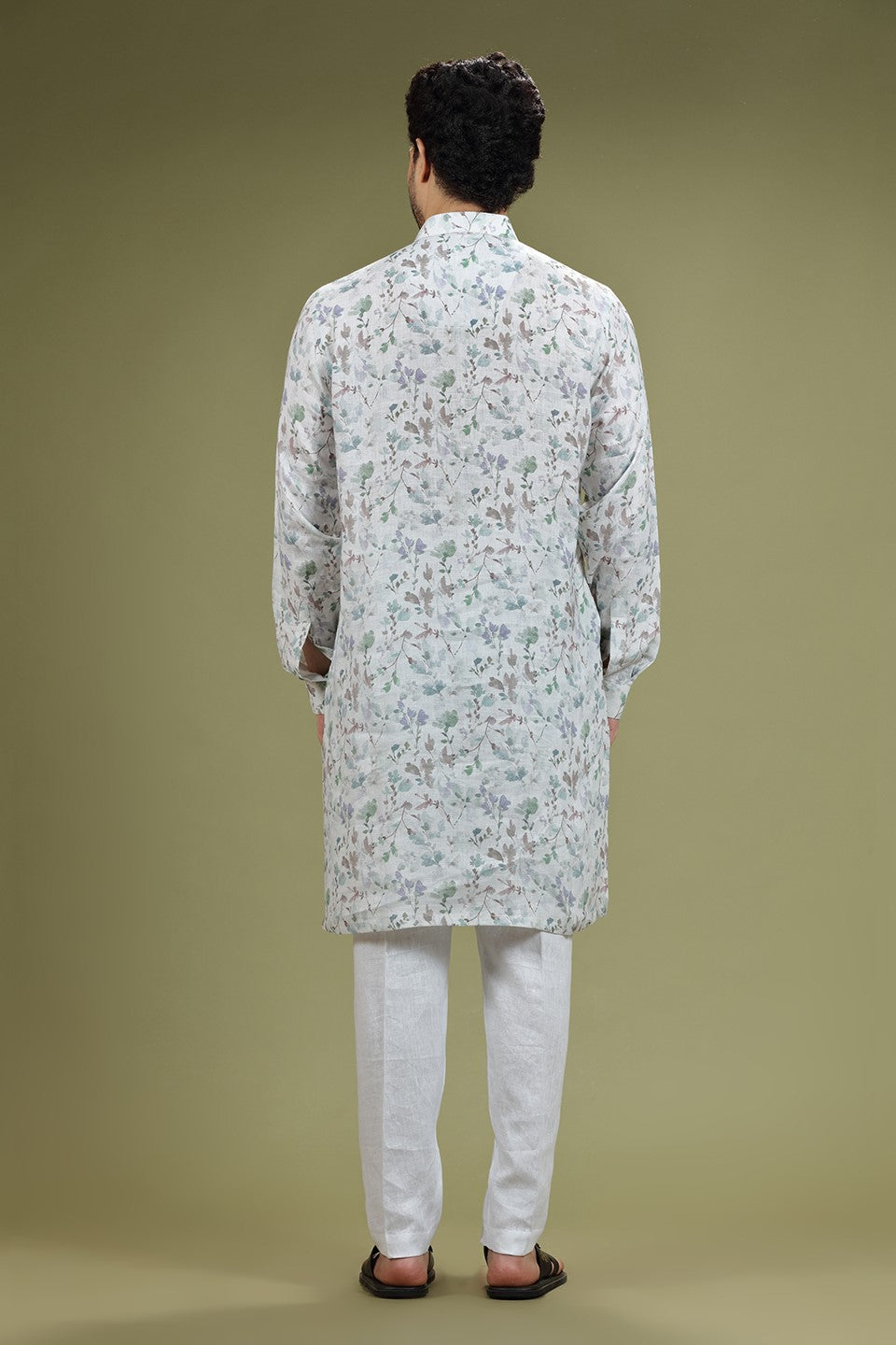 Pearl White Floral Printed Linen Kurta Set Designed by Kora (Nilesh Mitesh)