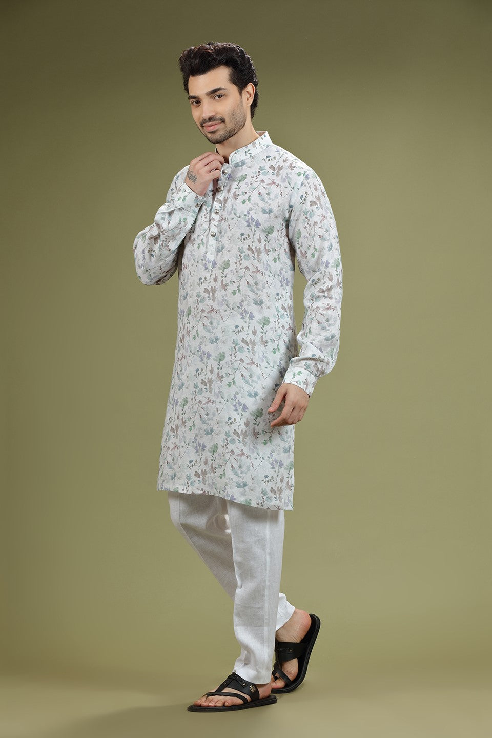 Pearl White Floral Printed Linen Kurta Set Designed by Kora (Nilesh Mitesh)