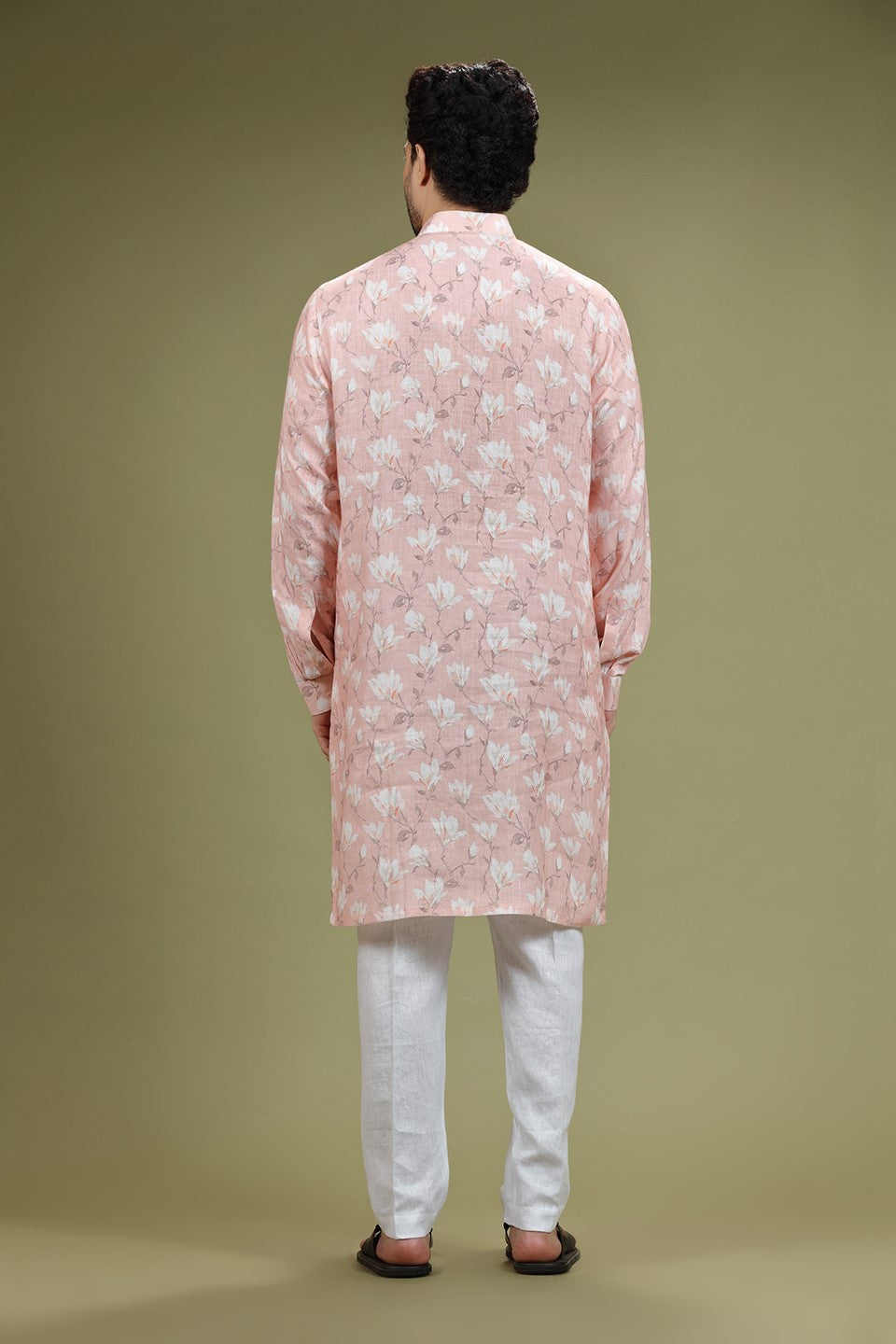 Salmon Peach Floral Printed Linen Kurta Set Designed by Kora (Nilesh Mitesh)