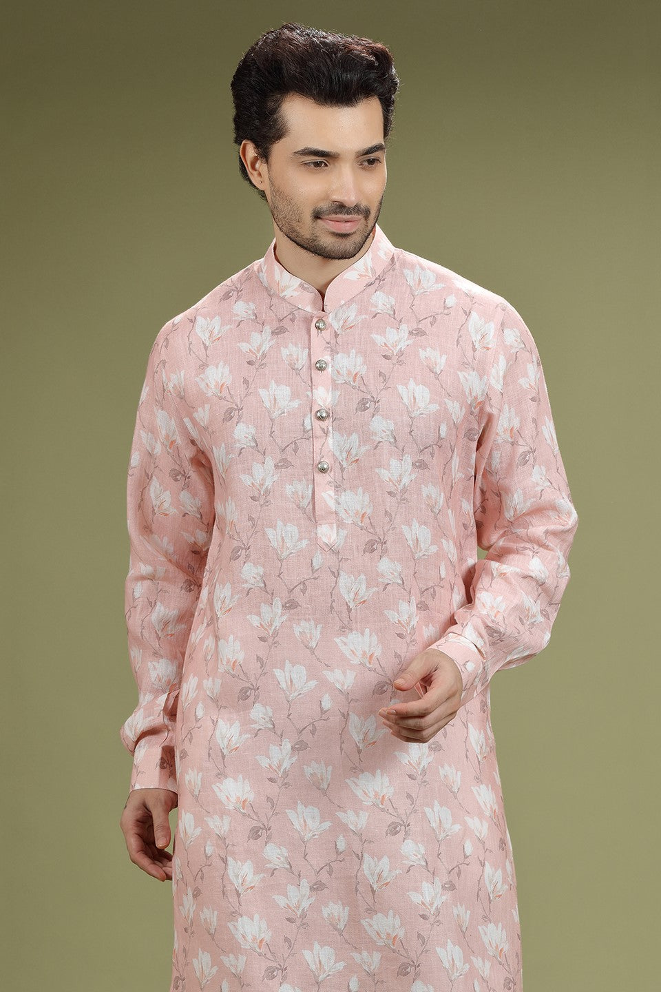 Salmon Peach Floral Printed Linen Kurta Set Designed by Kora (Nilesh Mitesh)