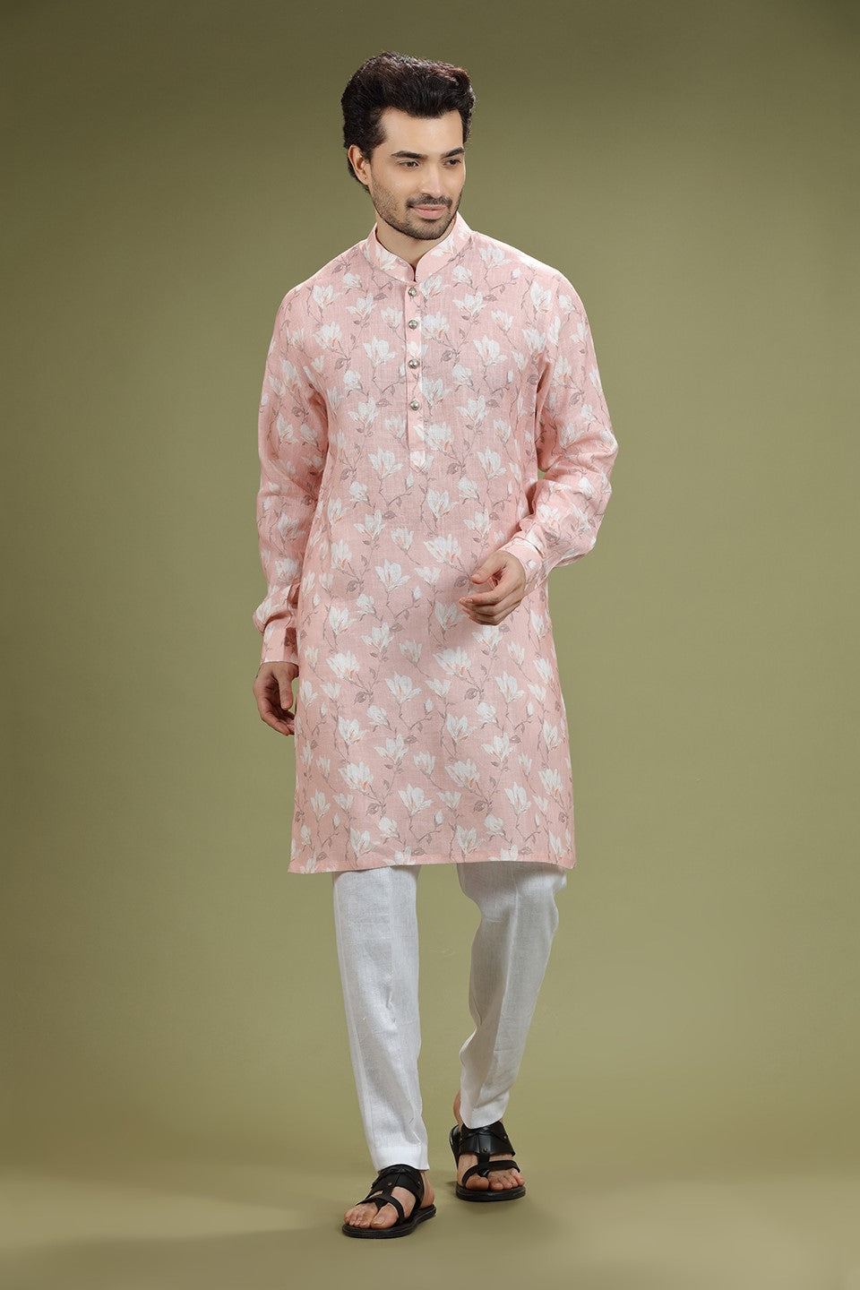 Salmon Peach Floral Printed Linen Kurta Set Designed by Kora (Nilesh Mitesh)