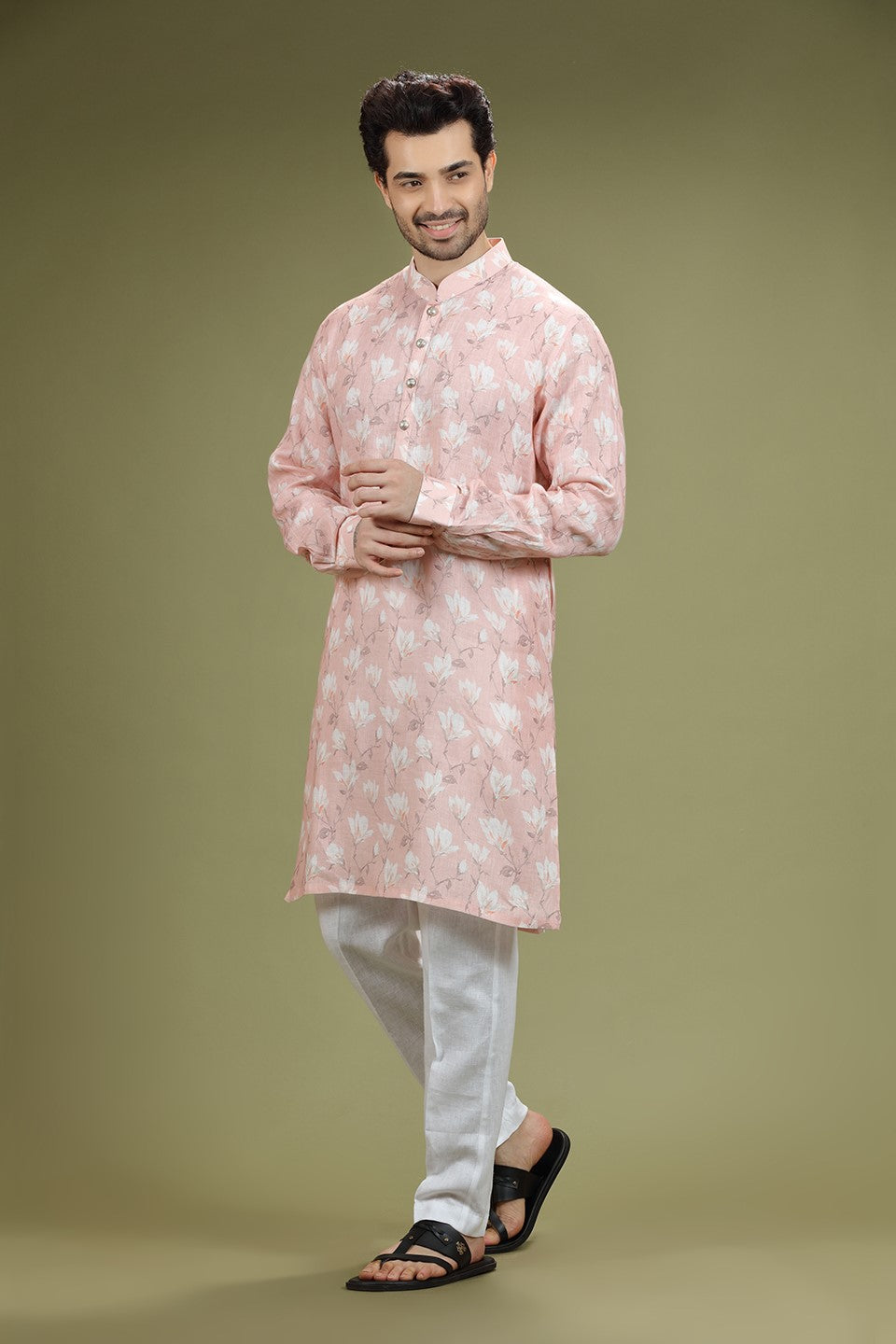 Salmon Peach Floral Printed Linen Kurta Set Designed by Kora (Nilesh Mitesh)