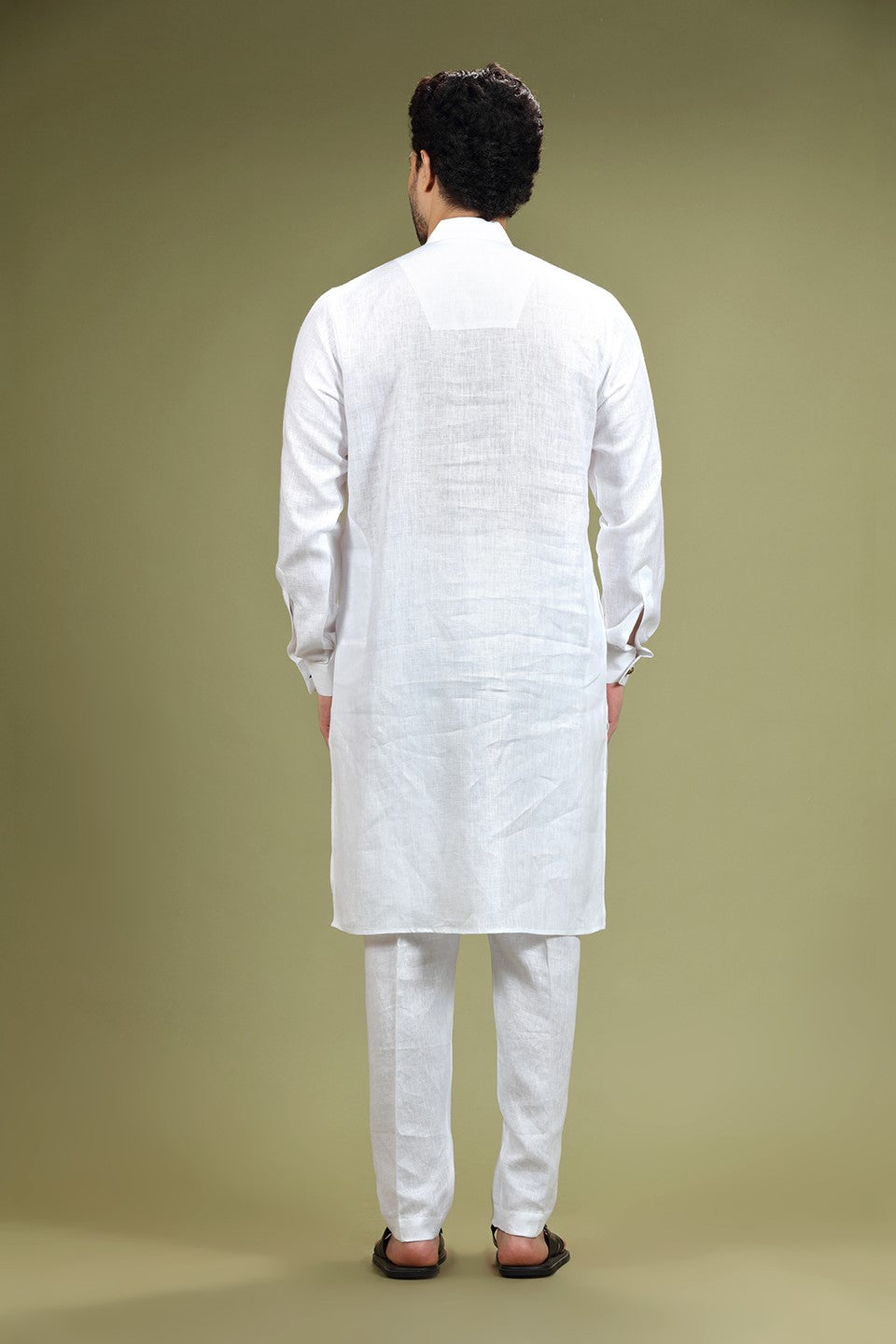 White Solid Linen Kurta Set Designed by Kora (Nilesh Mitesh)