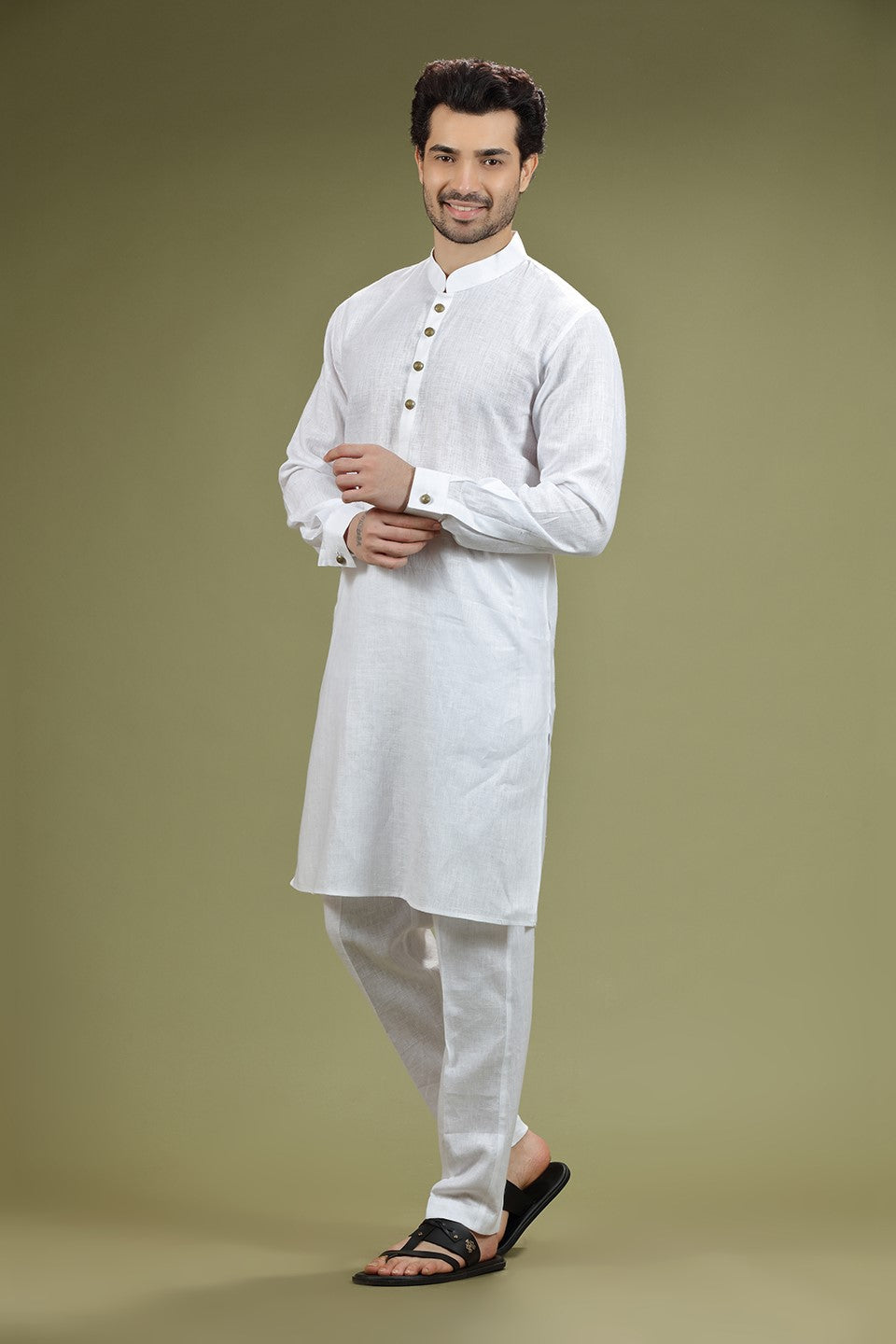 White Solid Linen Kurta Set Designed by Kora (Nilesh Mitesh)