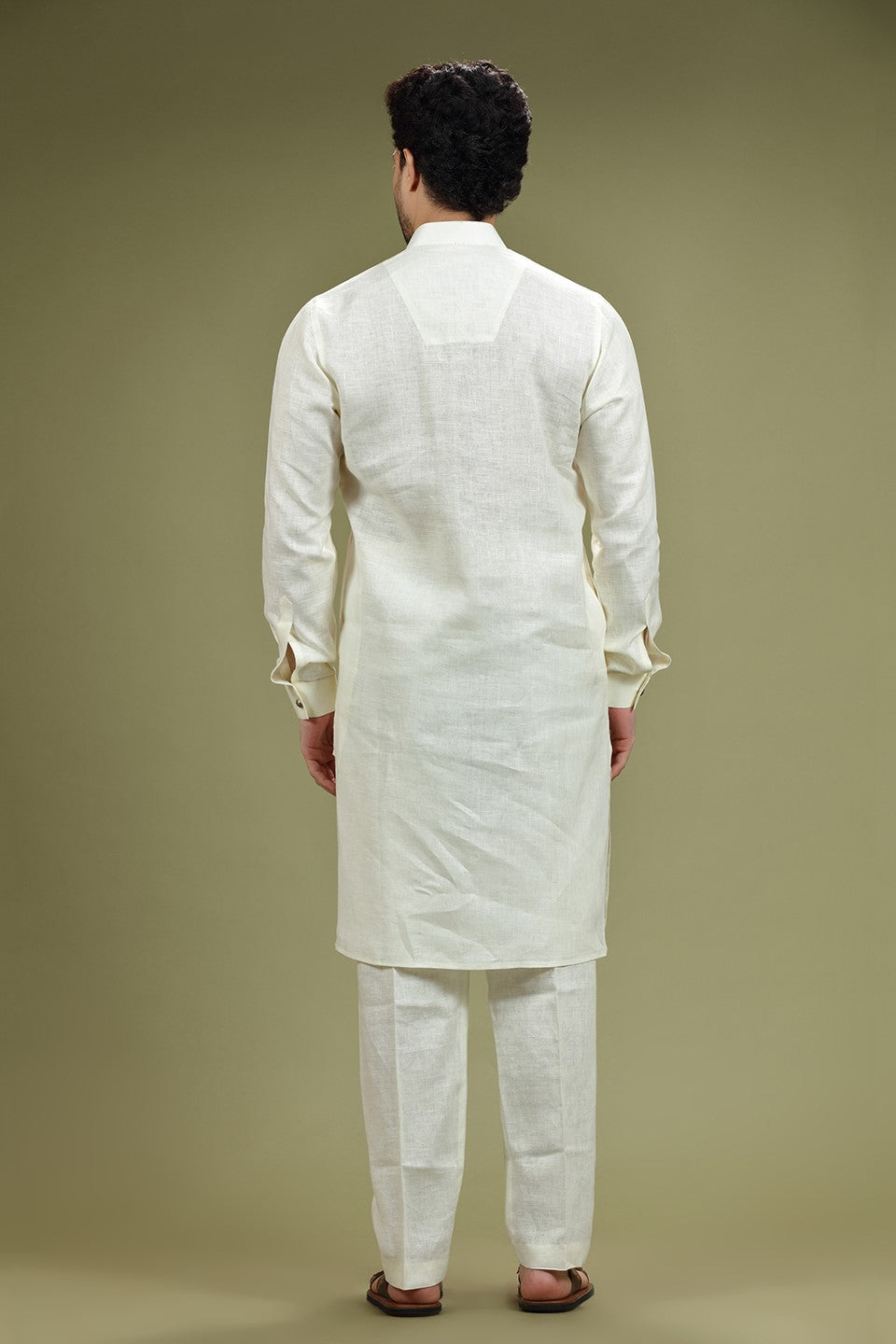 Off White Solid Linen Kurta Set Designed by Kora (Nilesh Mitesh)