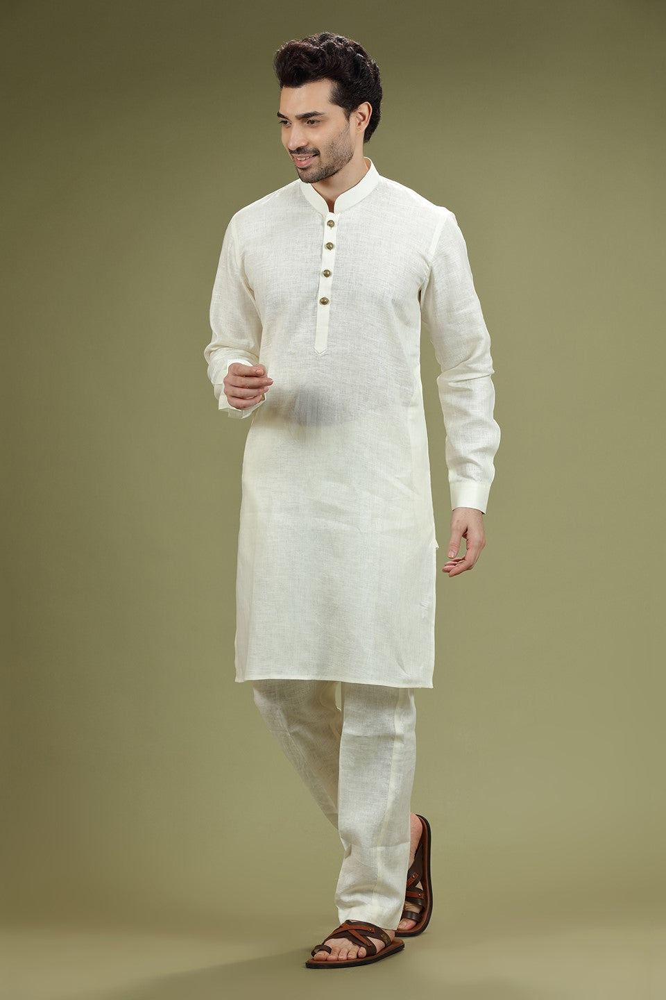 Off White Solid Linen Kurta Set Designed by Kora (Nilesh Mitesh)