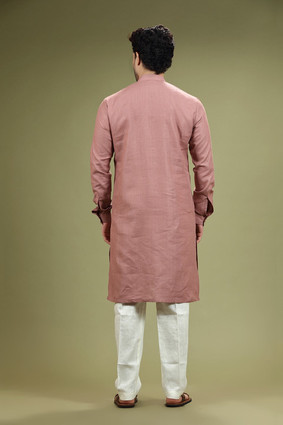 Pink Solid Linen Kurta Set Designed by Kora (Nilesh Mitesh)