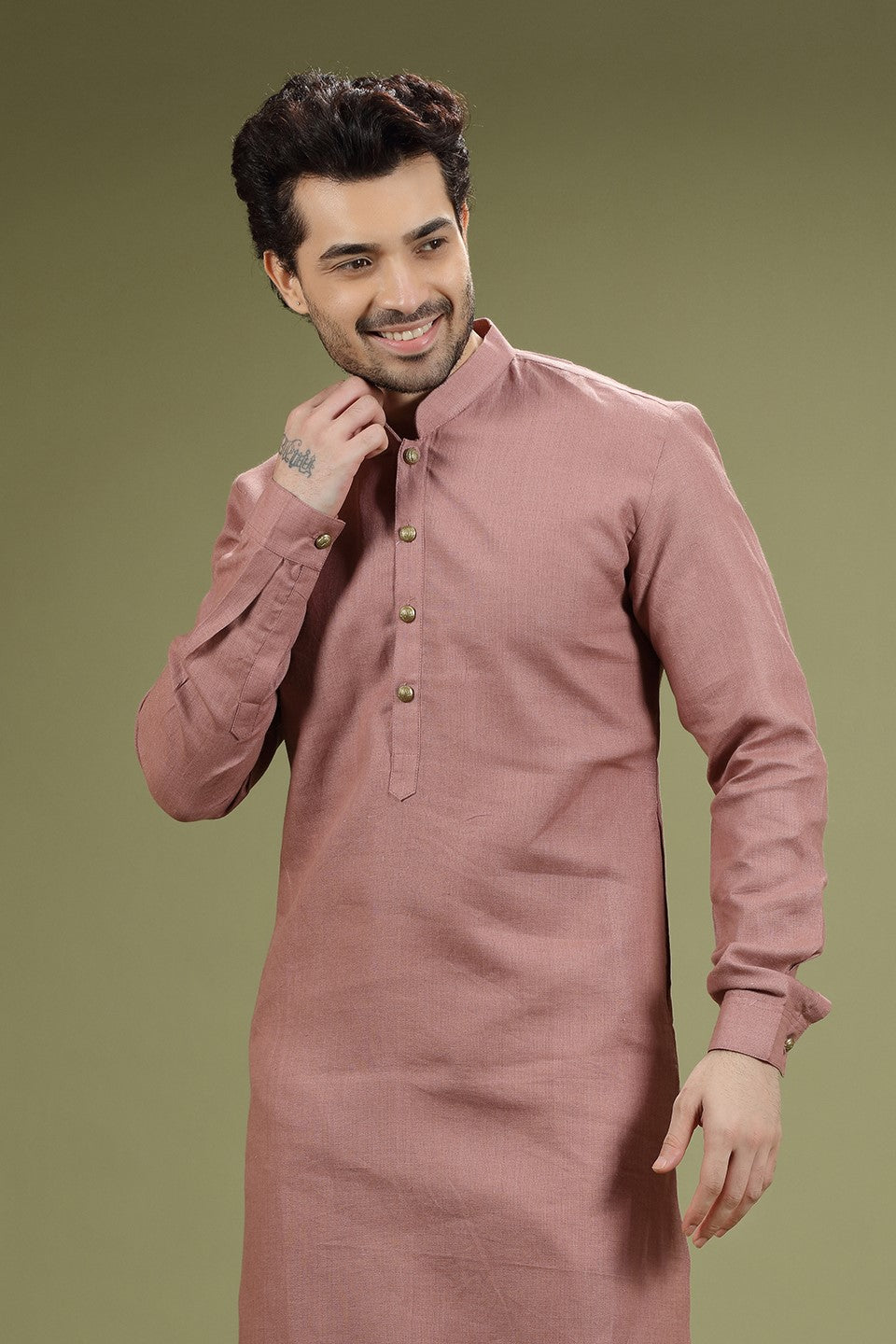 Pink Solid Linen Kurta Set Designed by Kora (Nilesh Mitesh)