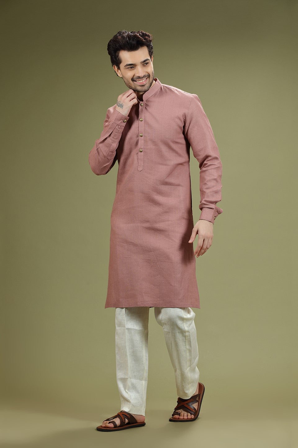 Pink Solid Linen Kurta Set Designed by Kora (Nilesh Mitesh)