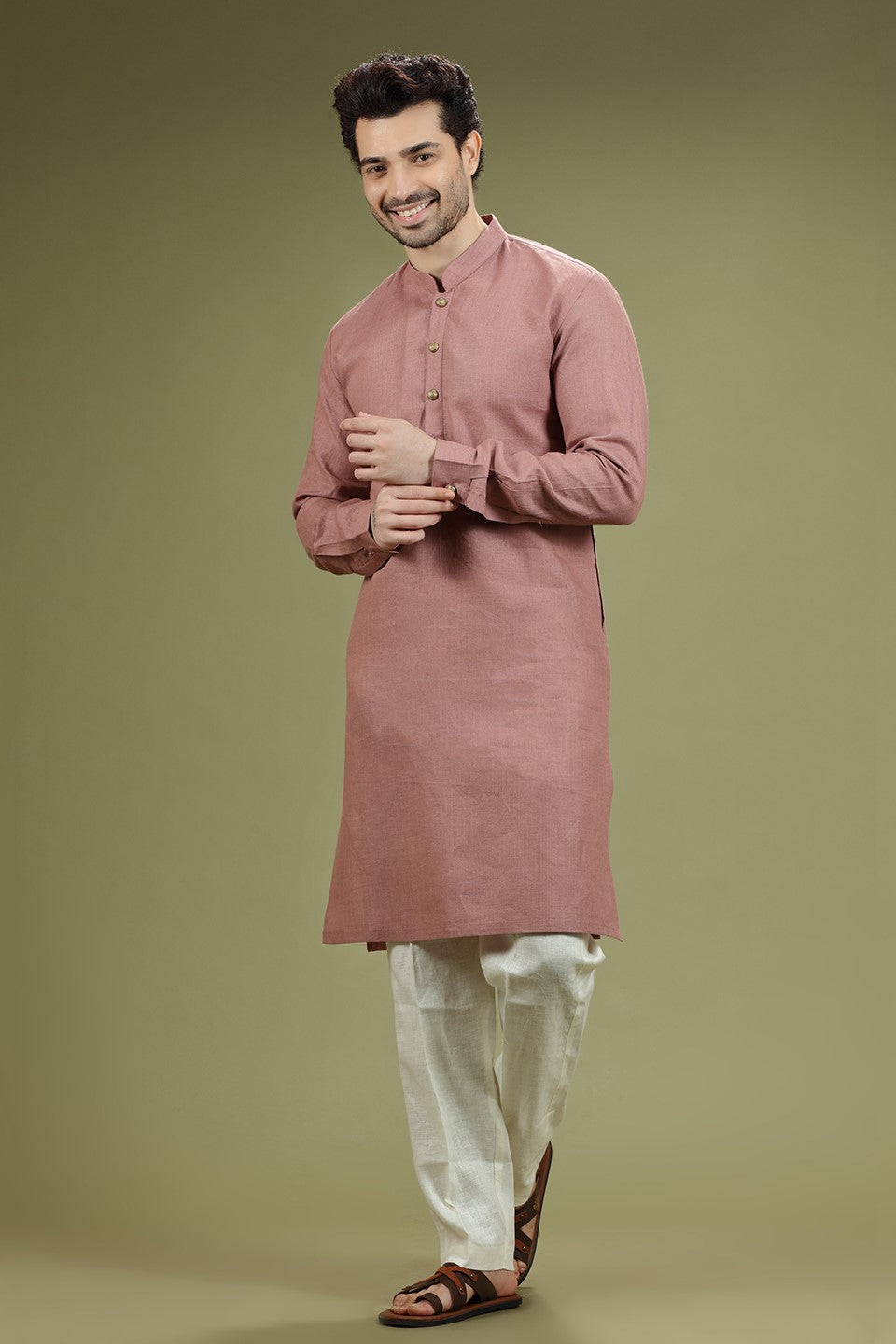 Pink Solid Linen Kurta Set Designed by Kora (Nilesh Mitesh)