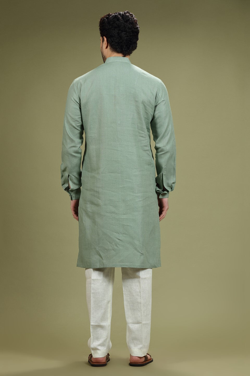 Green Solid Linen Kurta Set Designed by Kora (Nilesh Mitesh)