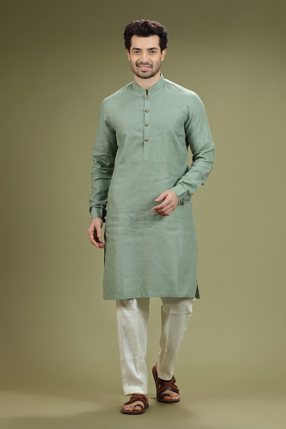 Green Solid Linen Kurta Set Designed by Kora (Nilesh Mitesh)