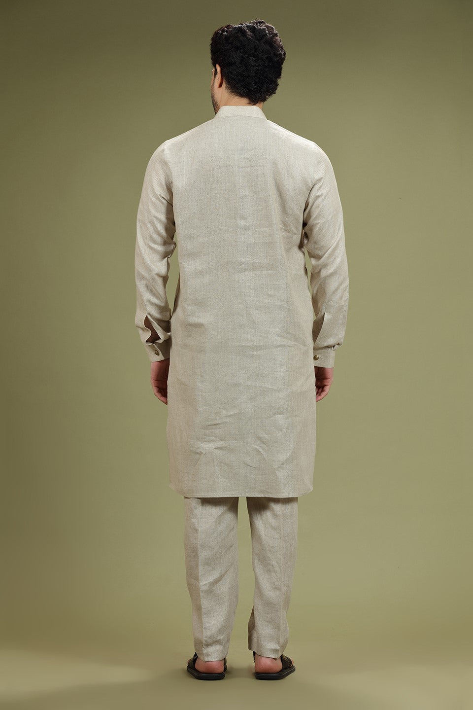 Beige Solid Linen Kurta Set Designed by Kora (Nilesh Mitesh)