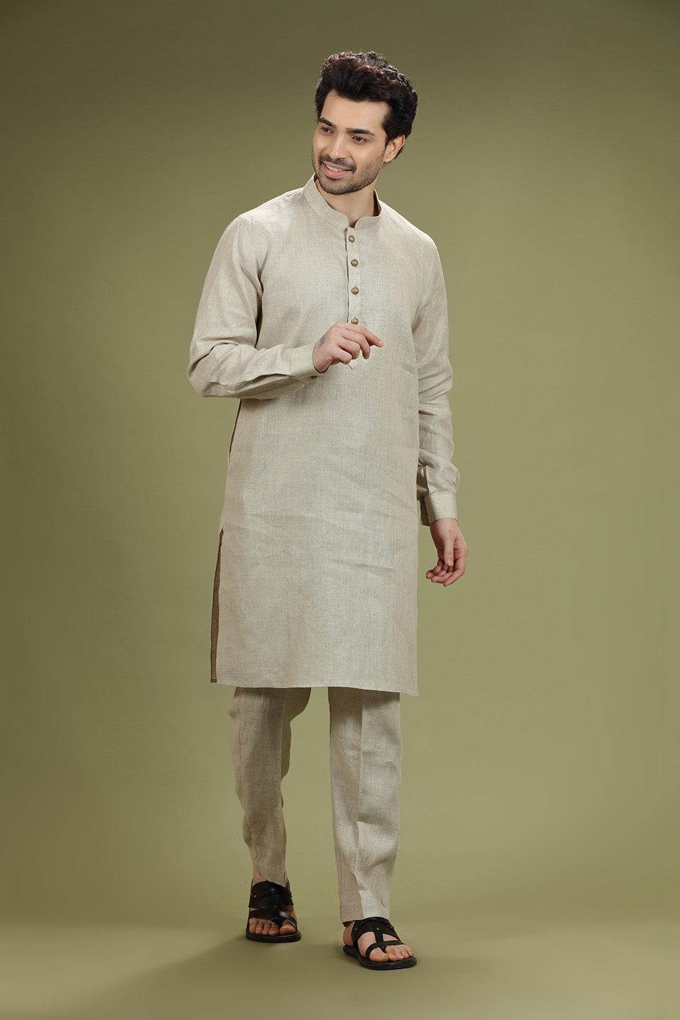 Beige Solid Linen Kurta Set Designed by Kora (Nilesh Mitesh)